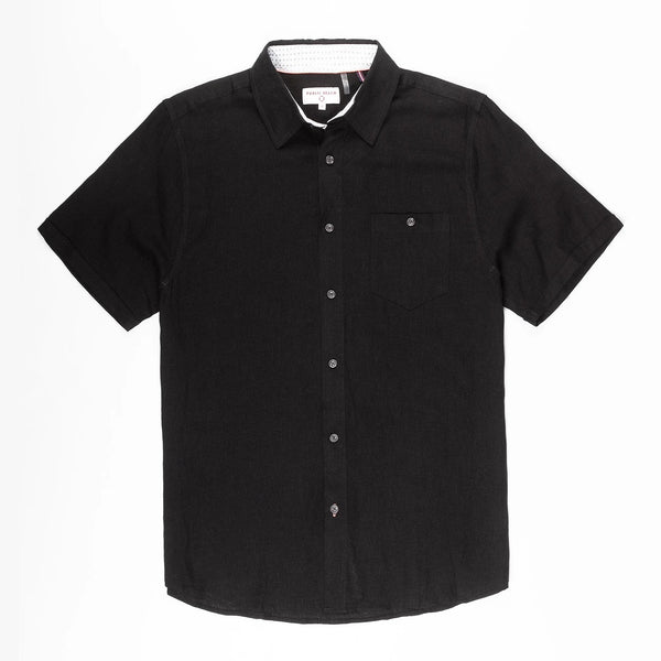Public Beach Black Linen Blend Short Sleeve Shirt with Contrasting Inner Placket
