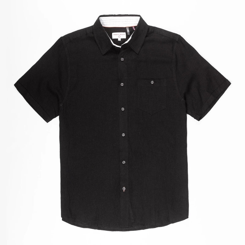 Public Beach Black Linen Blend Short Sleeve Shirt with Contrasting Inner  Placket