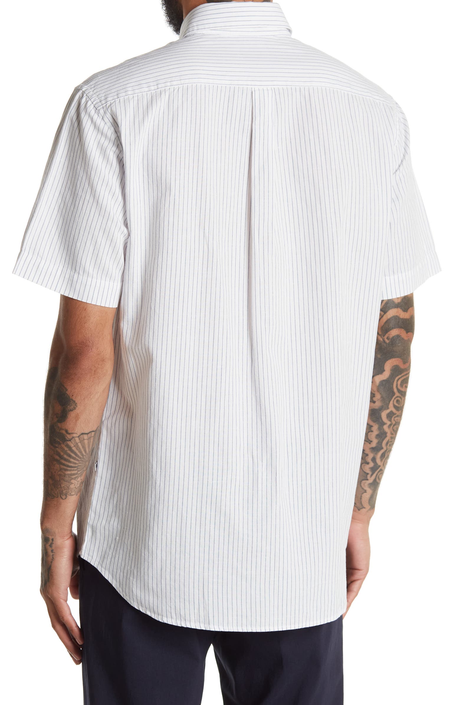 Nordstorm Rack,NN07, NN07 White Stripe Linen Blend Short Sleeve Button Up Shirt, White, Medium-43-TagS