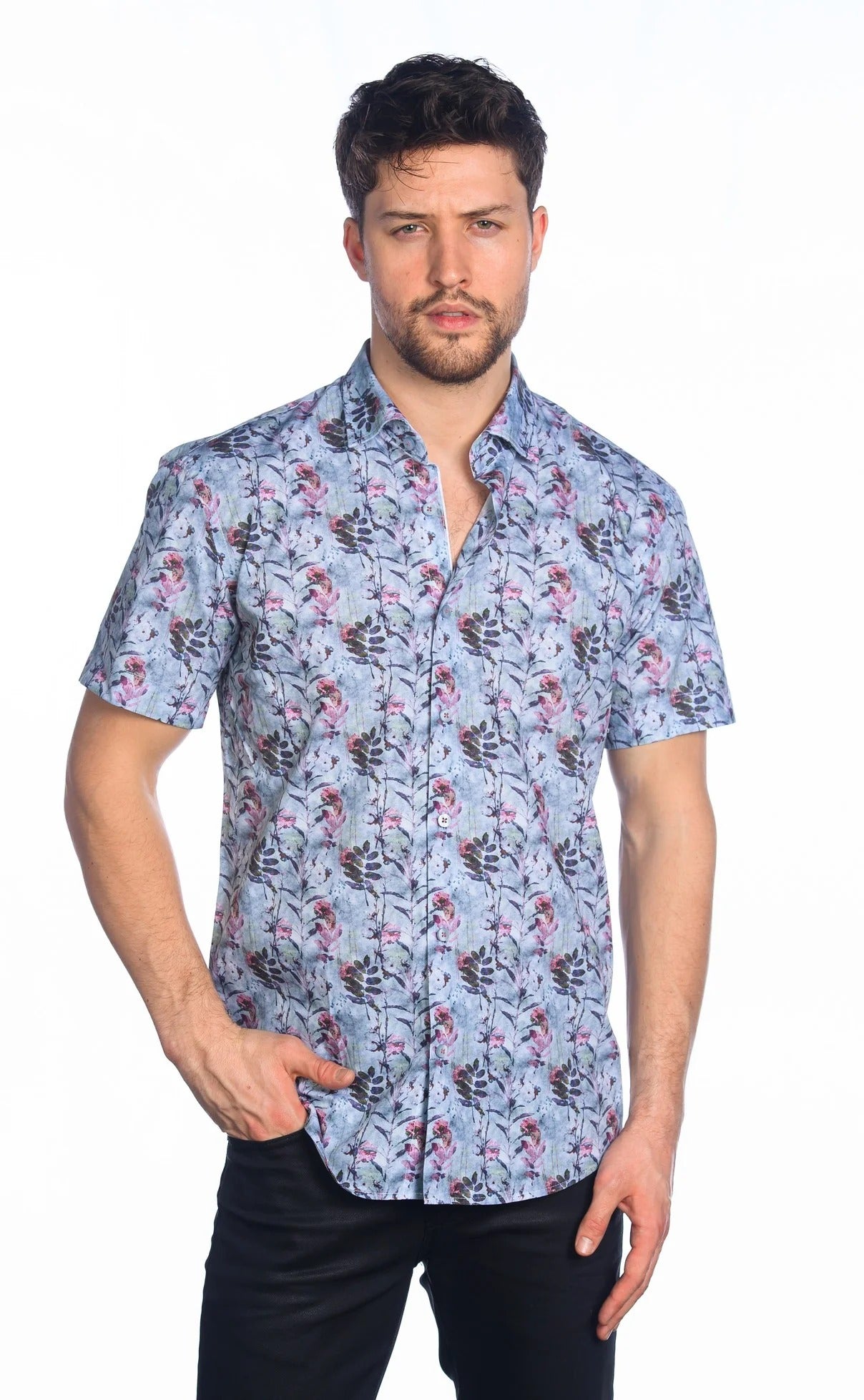 Wholesale,Mizumi, Mizumi Blue/Multi Floral Short Sleeve Button Up Shirt, Blue, Large-46-TagXL