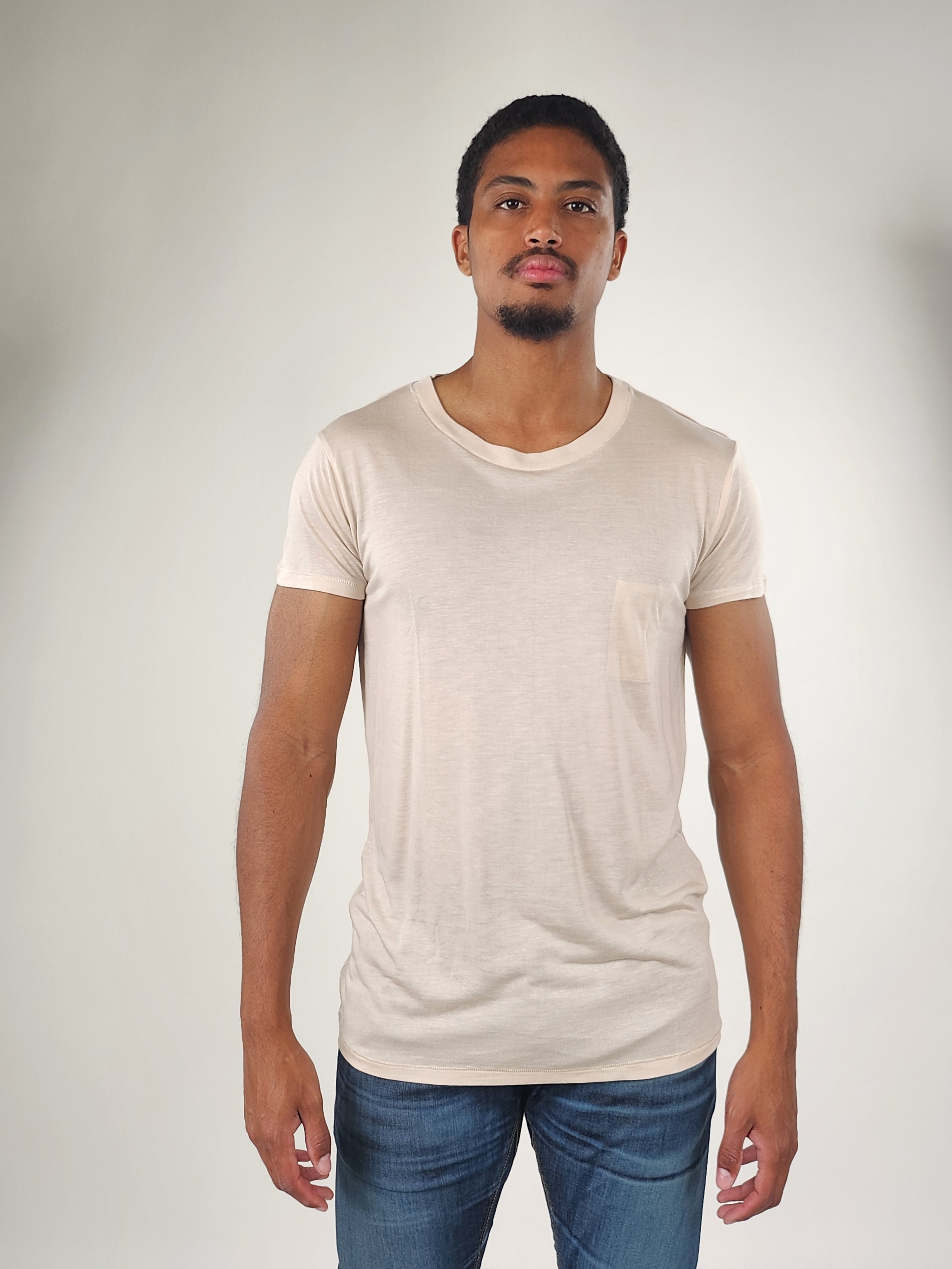 Wholesale,Reesedeluca, Reese De Luca Cream Short Sleeve T-Shirt with Inside Chest Pocket, Cream, Medium-41-TagM