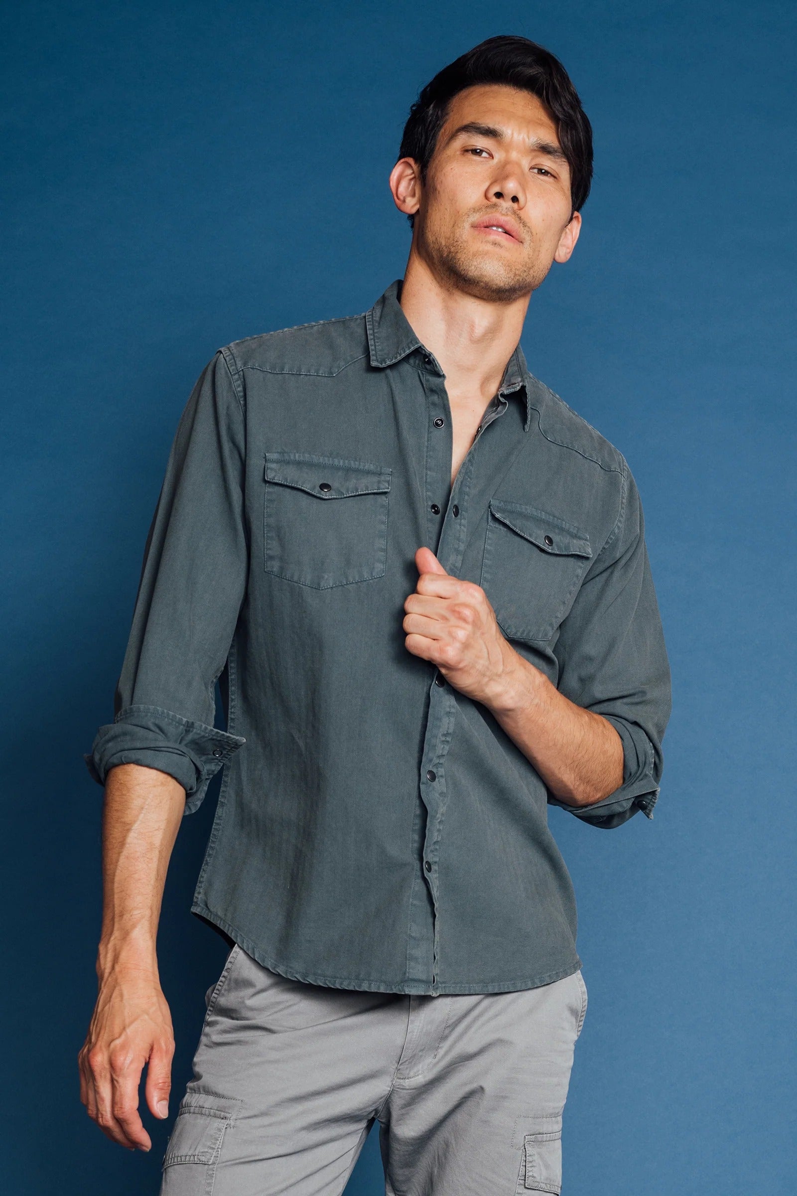 Wholesale,Original Paperbacks, Original Paperbacks Denim Blue Herringbone Long Sleeve Shirt, Blue, Medium-44-TagS