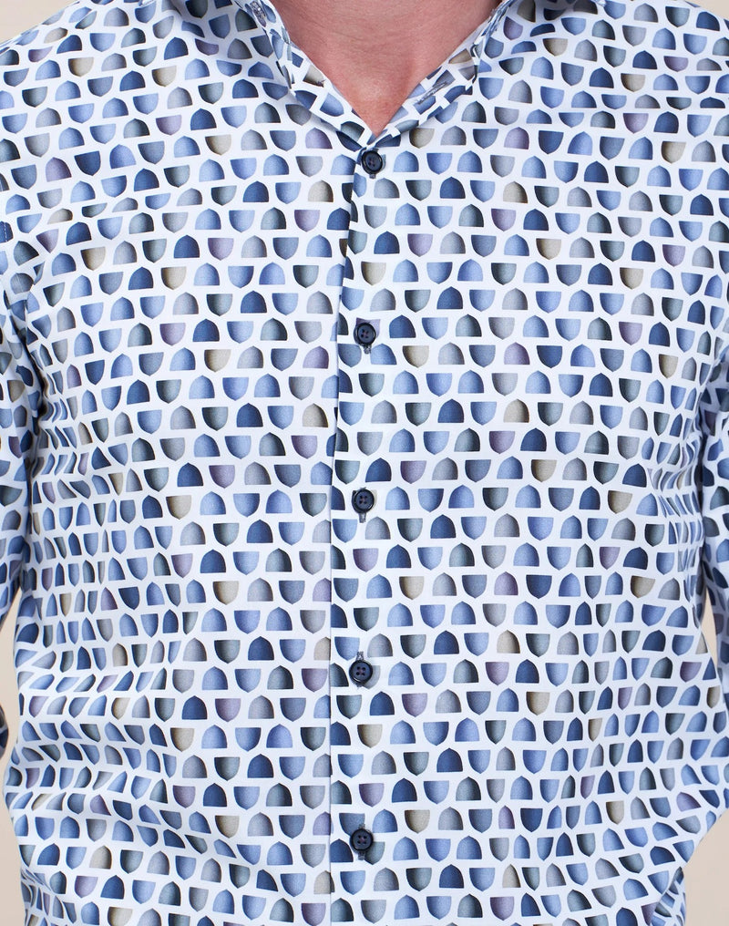 R2 Amsterdam Blue/White Lamp Print Long Sleeve Button Up Shirt