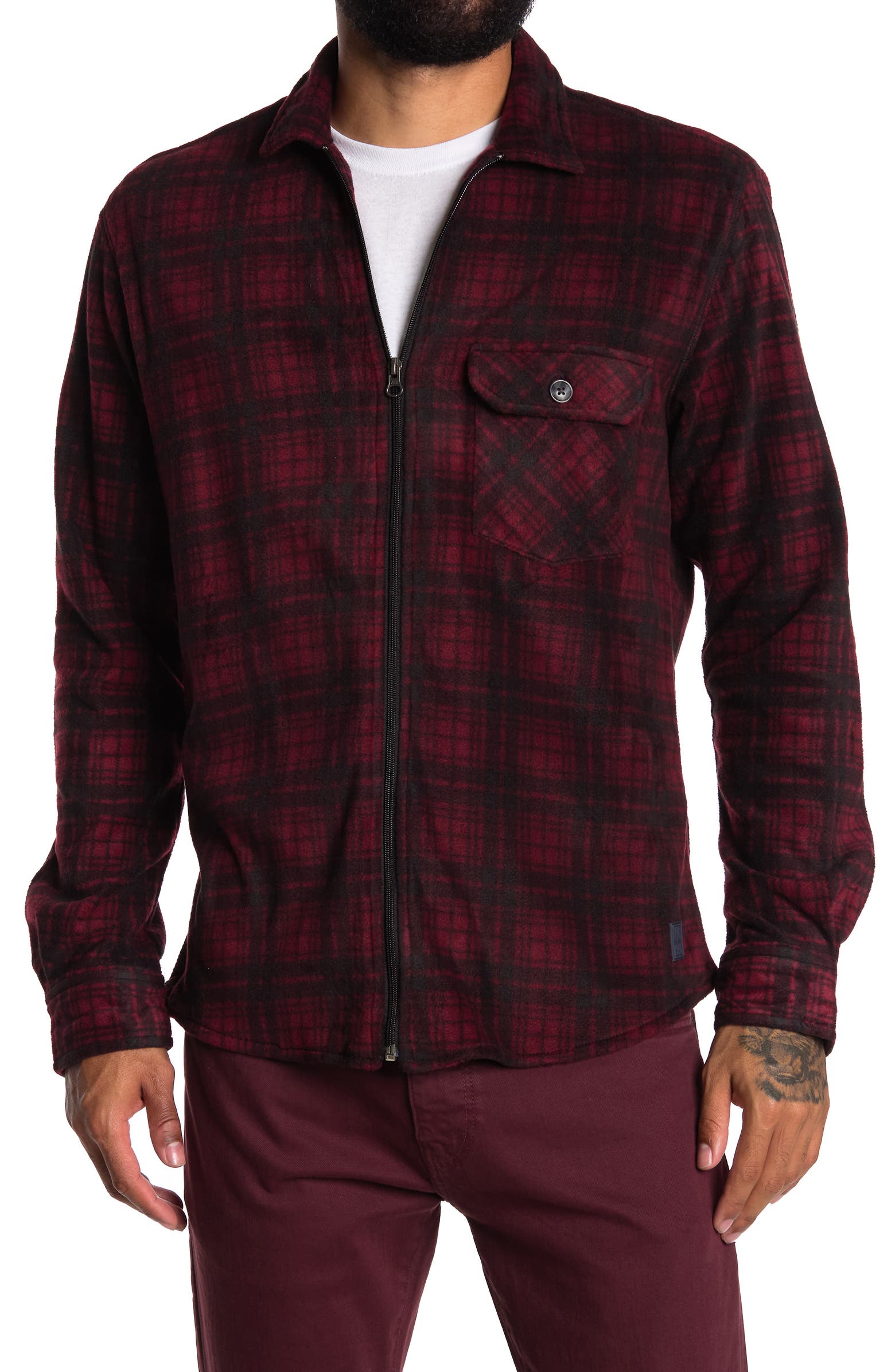 Nordstrom Rack, Vintage 1946 Burgundy Plaid Lightweight Microfleece Knit Full Zip Shirt Jacket, Red, Small-41-TagS