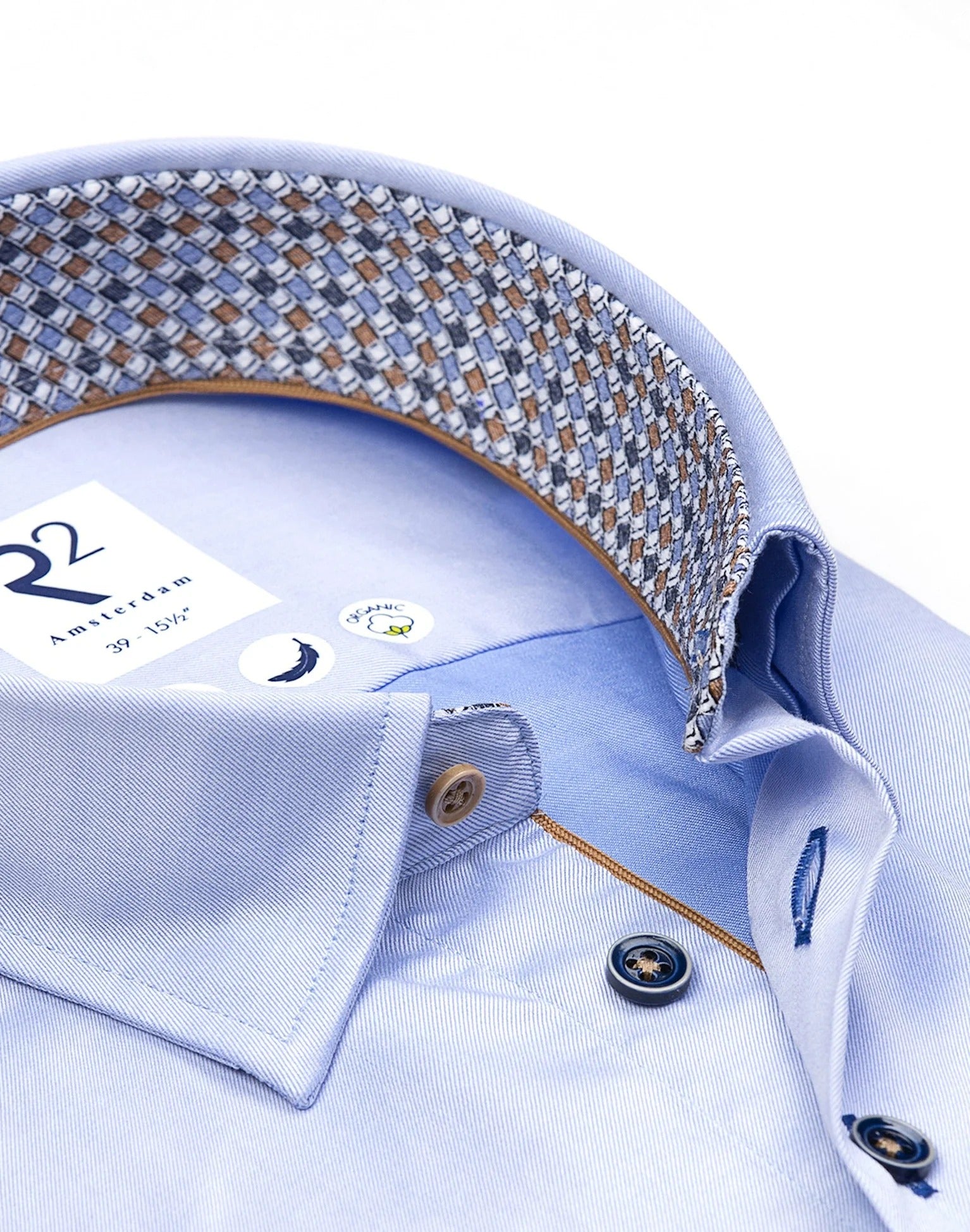 Brand Partner,R2 Amsterdam, R2 Amsterdam Light Blue 2 PLY Long Sleeve Button Up Shirt with Suitcase Print Contrast, Blue, Small-40-Tag38