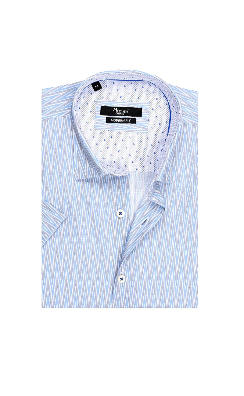 Mizumi Light Blue/Grey Zigzag Print Short Sleeve Button Up Shirt