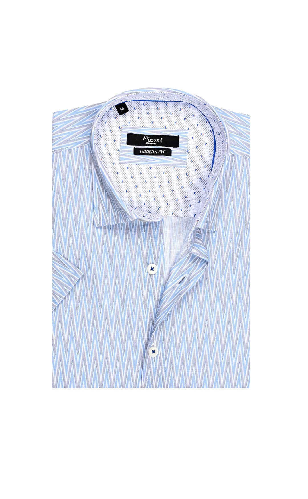 Wholesale,Mizumi, Mizumi Light Blue/Grey Zigzag Print Short Sleeve Button Up Shirt, Blue, Extra Extra Large-50-TagXXL