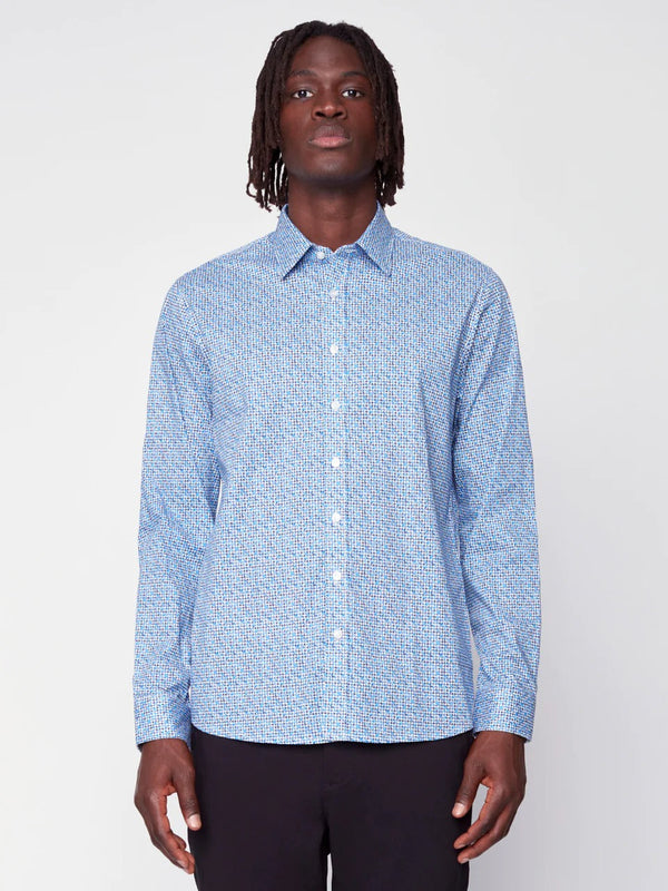 Projek Raw Blue Houndstooth Print Long Sleeve Stretch Button Up Shirt