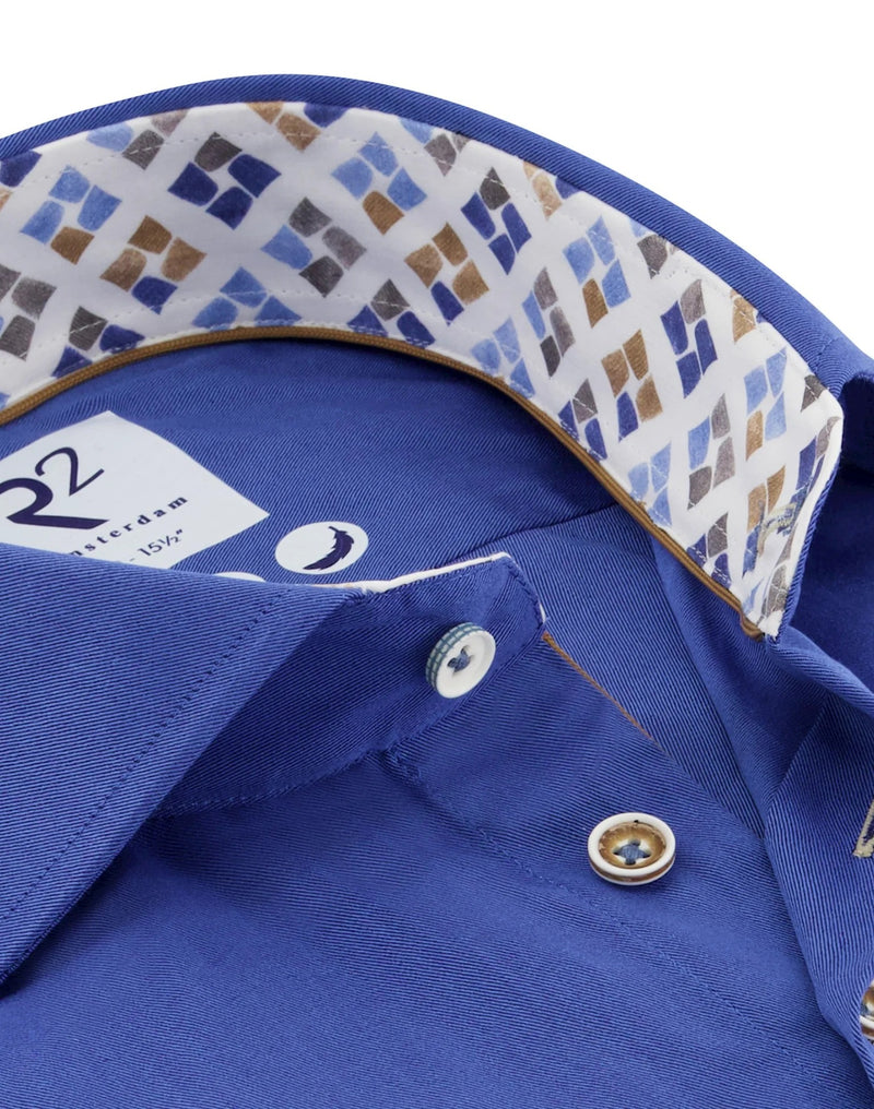 R2 Amsterdam Cobalt Blue Long Sleeve Button Up Shirt Cup Print Contrast
