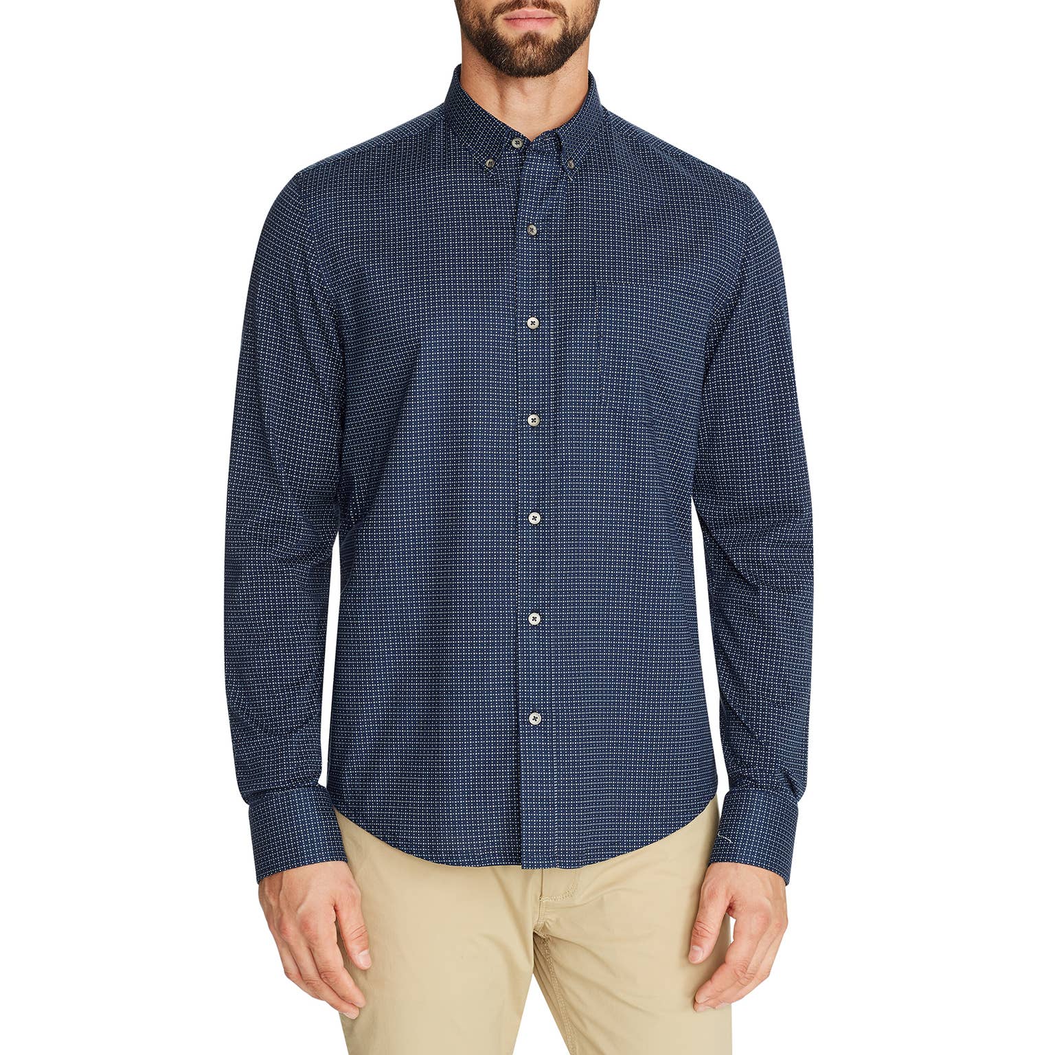 Faire,W.R.K., W.R.K Navy Mini Dot Long Sleeve Knit Back Button Up Shirt, Blue, Extra Large-47-TagXL