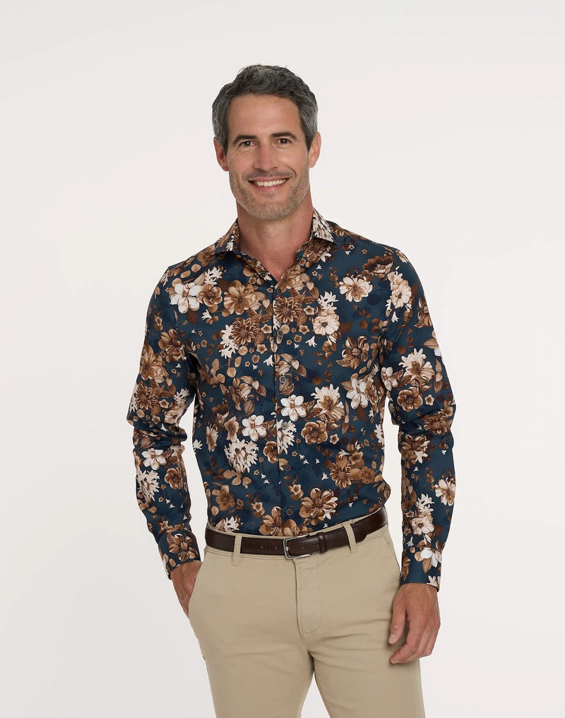 R2 Amsterdam Navy Floral Print Stretch Long Sleeve Button Up Shirt