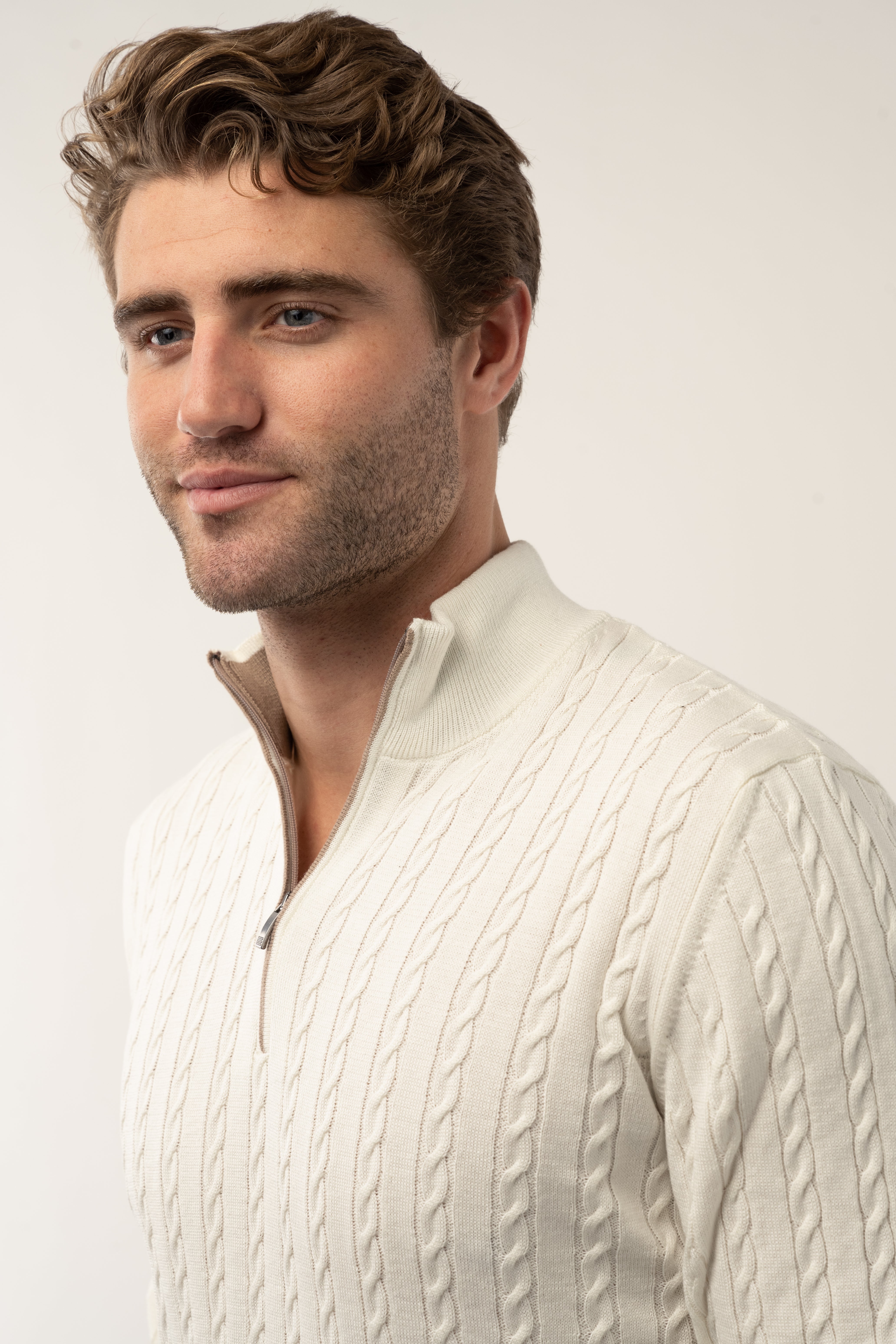 Wholesale,Luchiano Visconti, Luchiano Visconti Cream Quartz Zip Cable Long Sleeve Pullover, Cream, Medium-42-TagL
