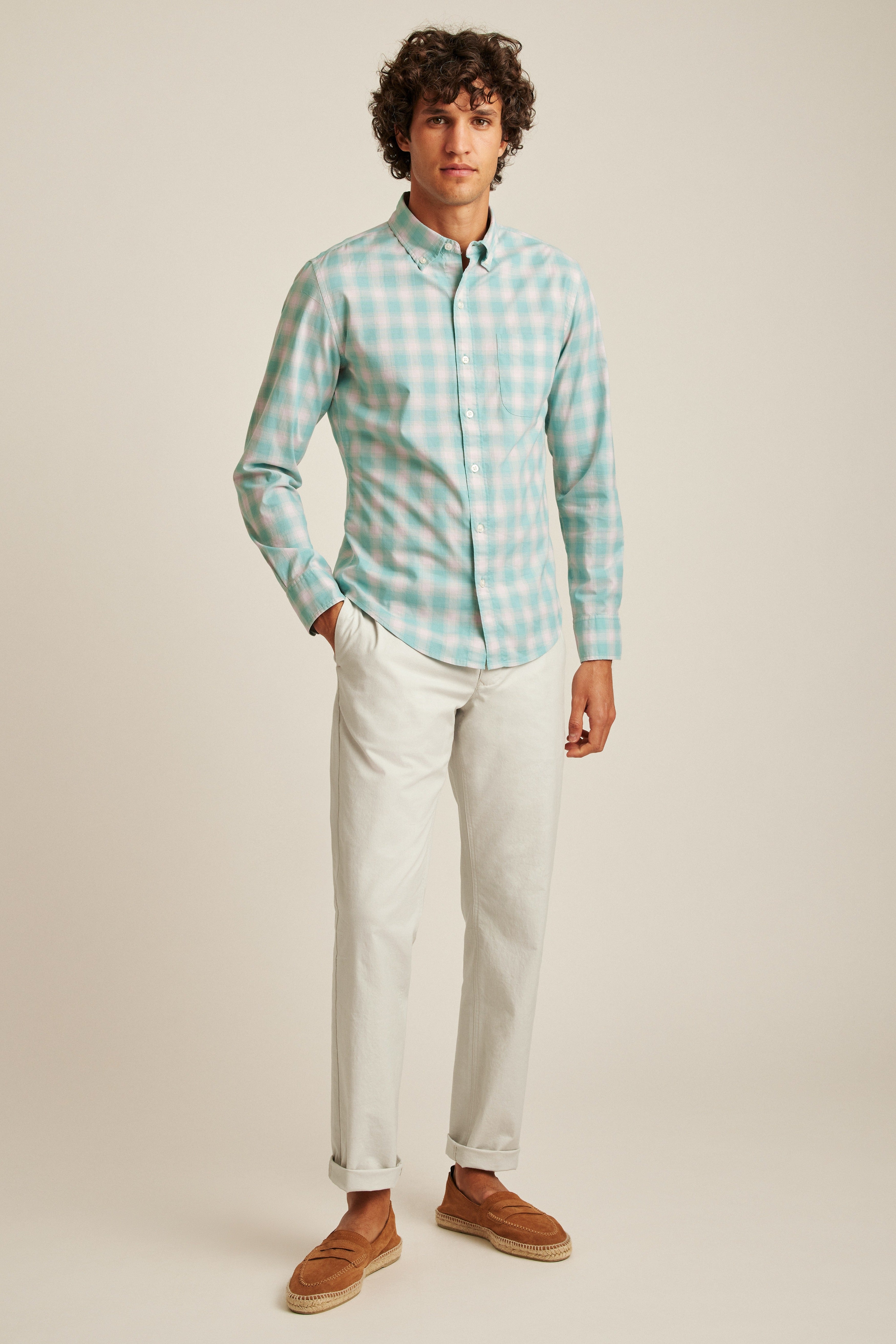 Wholesale,Bonobos, Bonobos Pastel Green Plaid Stretch Long Sleeve Shirt, Green, Large-45-TagL