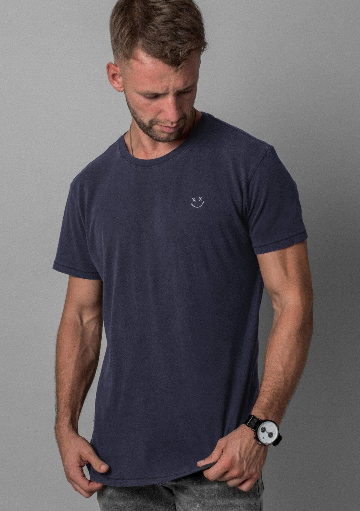 Brand Partner,Acapella, Acapella Navy Smiley Distressed Tee, Blue, Small-38-TagSMedium-40-TagMLarge-43-TagLExtra Large-46-TagXL