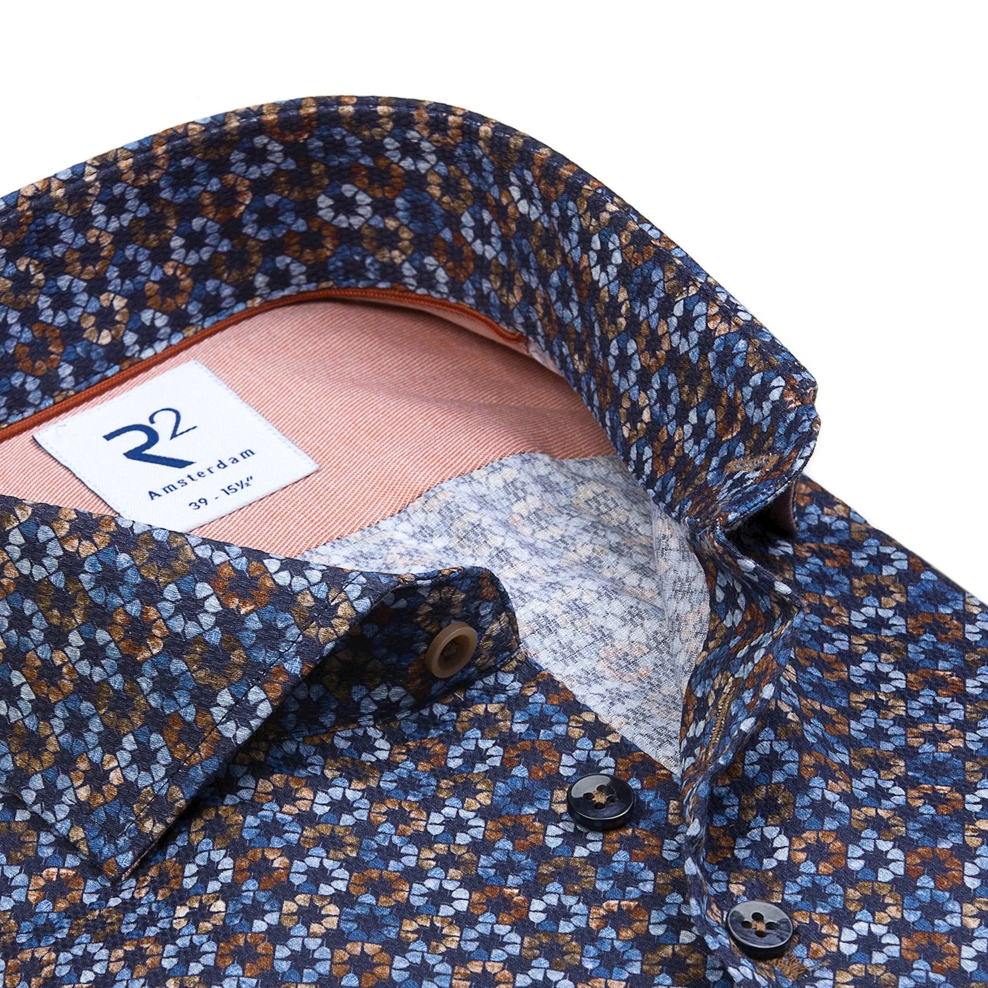 Brand Partner,R2 Amsterdam, R2 Amsterdam Blue Geo Cup Print Cotton Long Sleeve Button Up Shirt, Blue, Medium-44-Tag41