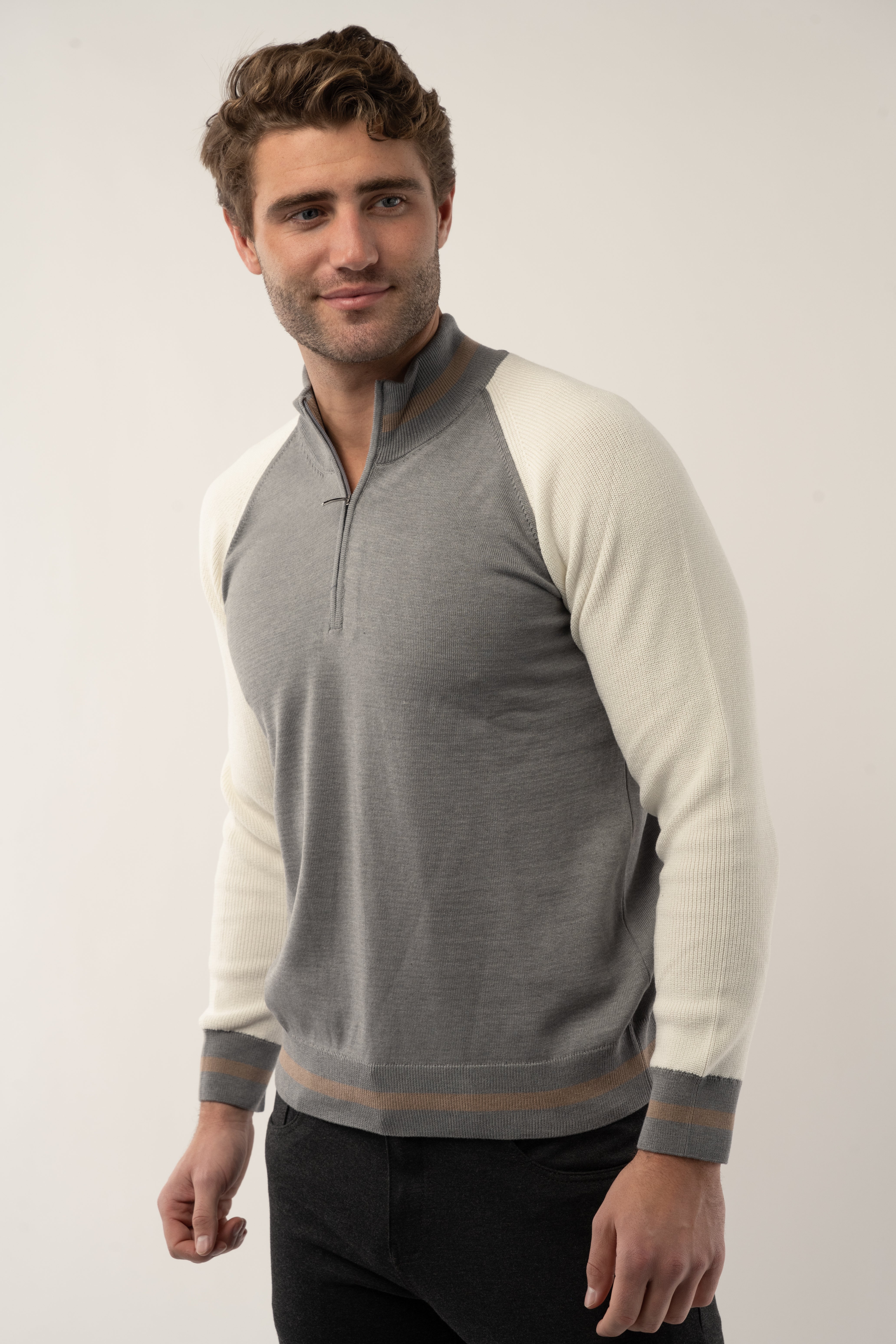Wholesale,Luchiano Visconti, Luchiano Visconti Grey/Cream Quarter Zip Long Sleeve Pullover, Grey, Extra Large-46-TagXL