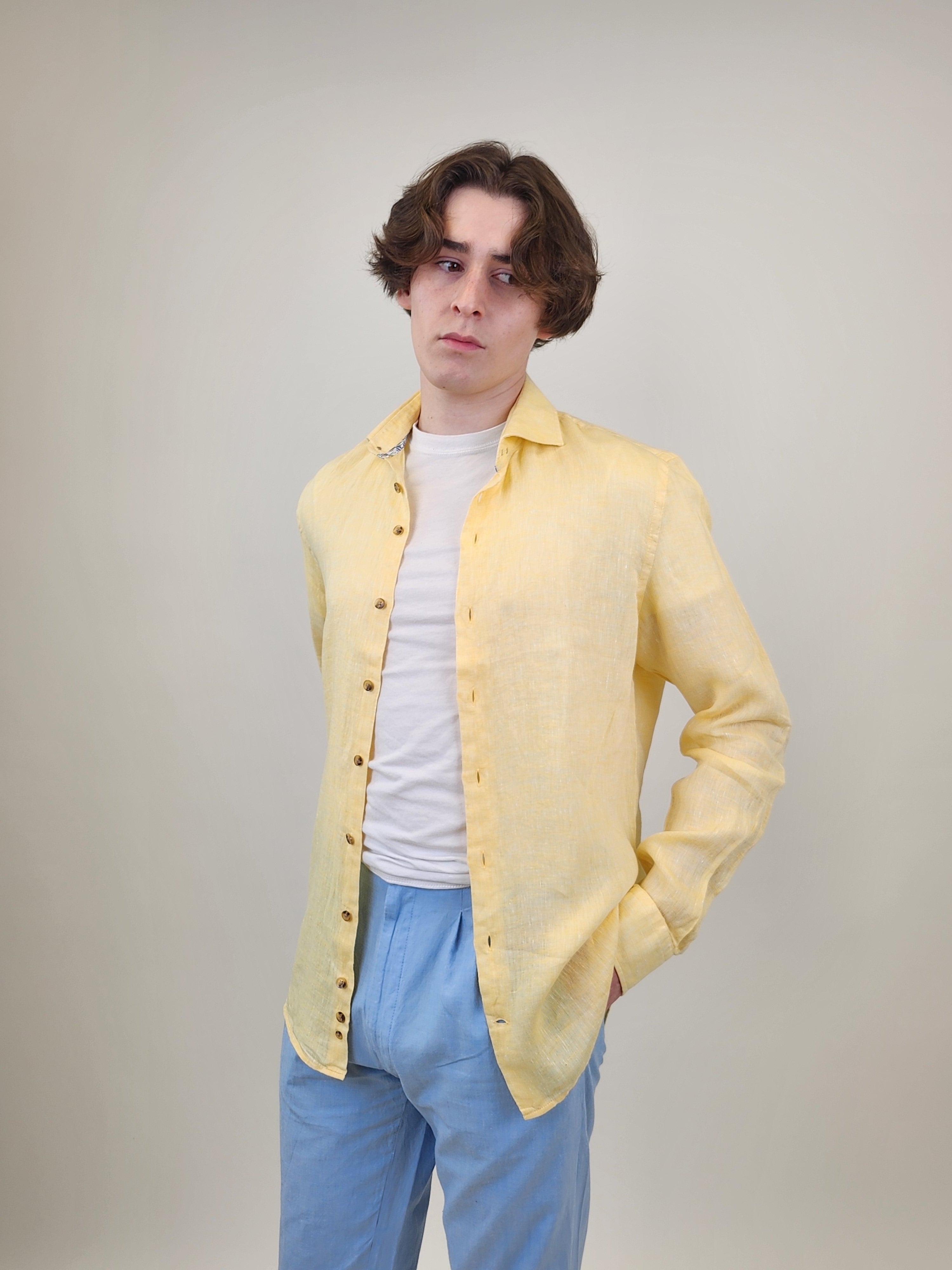 Brand Partner,R2 Amsterdam, R2 Amsterdam Yellow Linen Long Sleeve Shirt, Yellow, Medium-42-Tag39