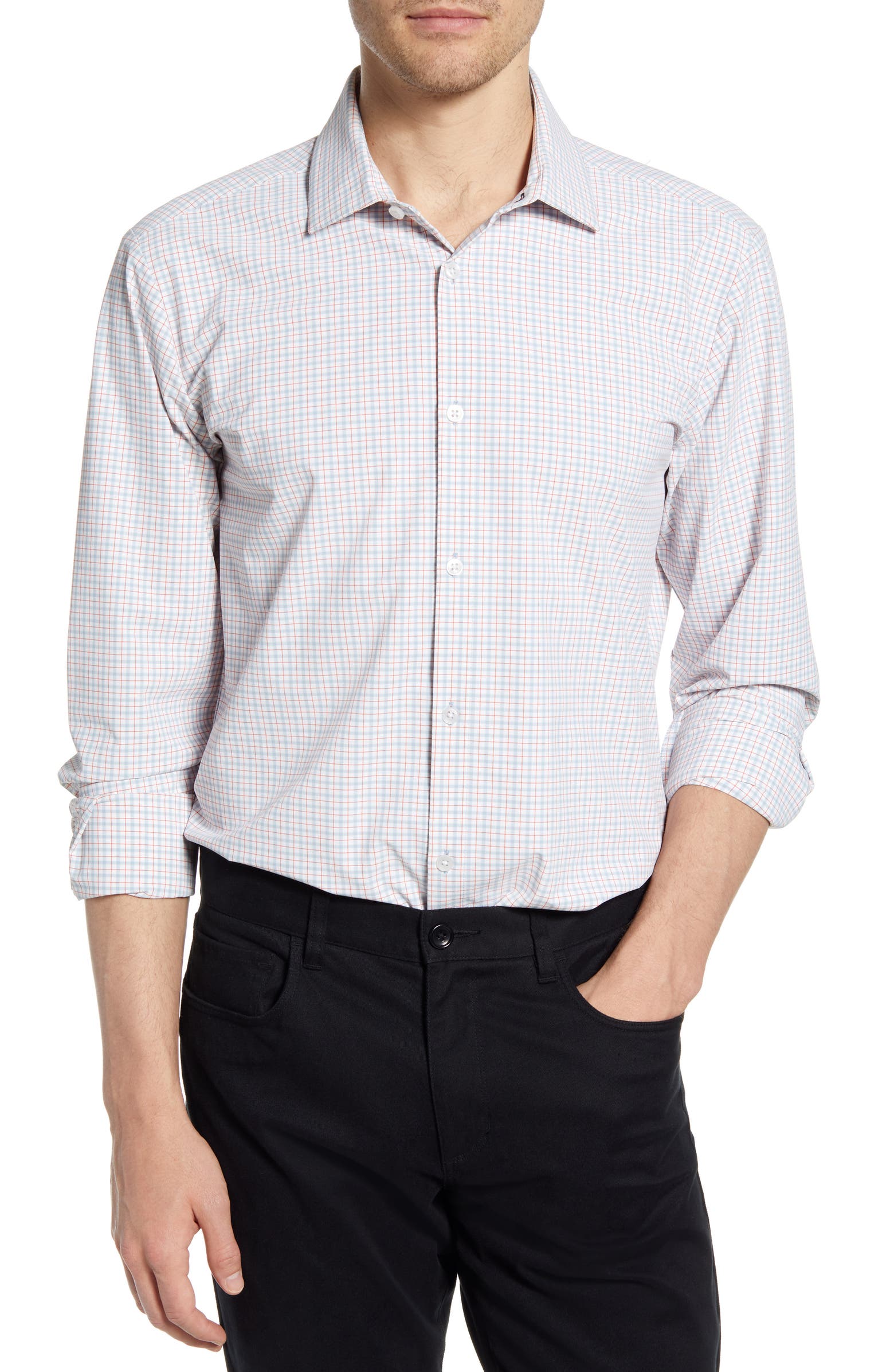 Nordstrom Rack,Mizzen & Main, Mizzen + Main Light Blue & Orange Plaid Performance Button-Up Shirt, Orange, Medium-43-TagM