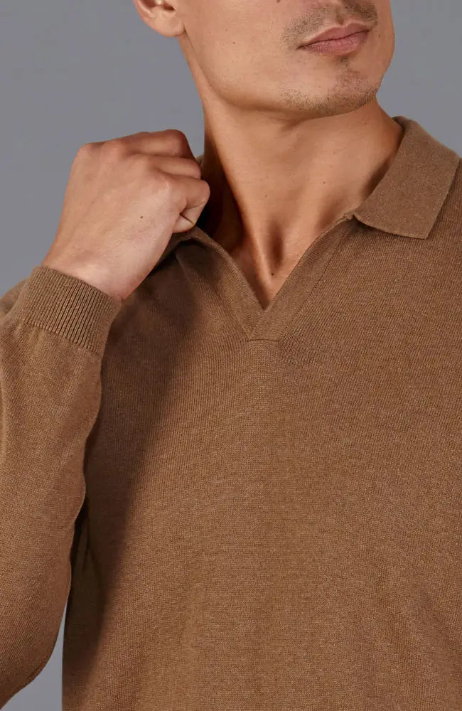 Faire,Paul James, Paul James Caramel Brown Buttonless Knit Longsleeve Polo, Brown, Extra Extra Large-50-TagXXL