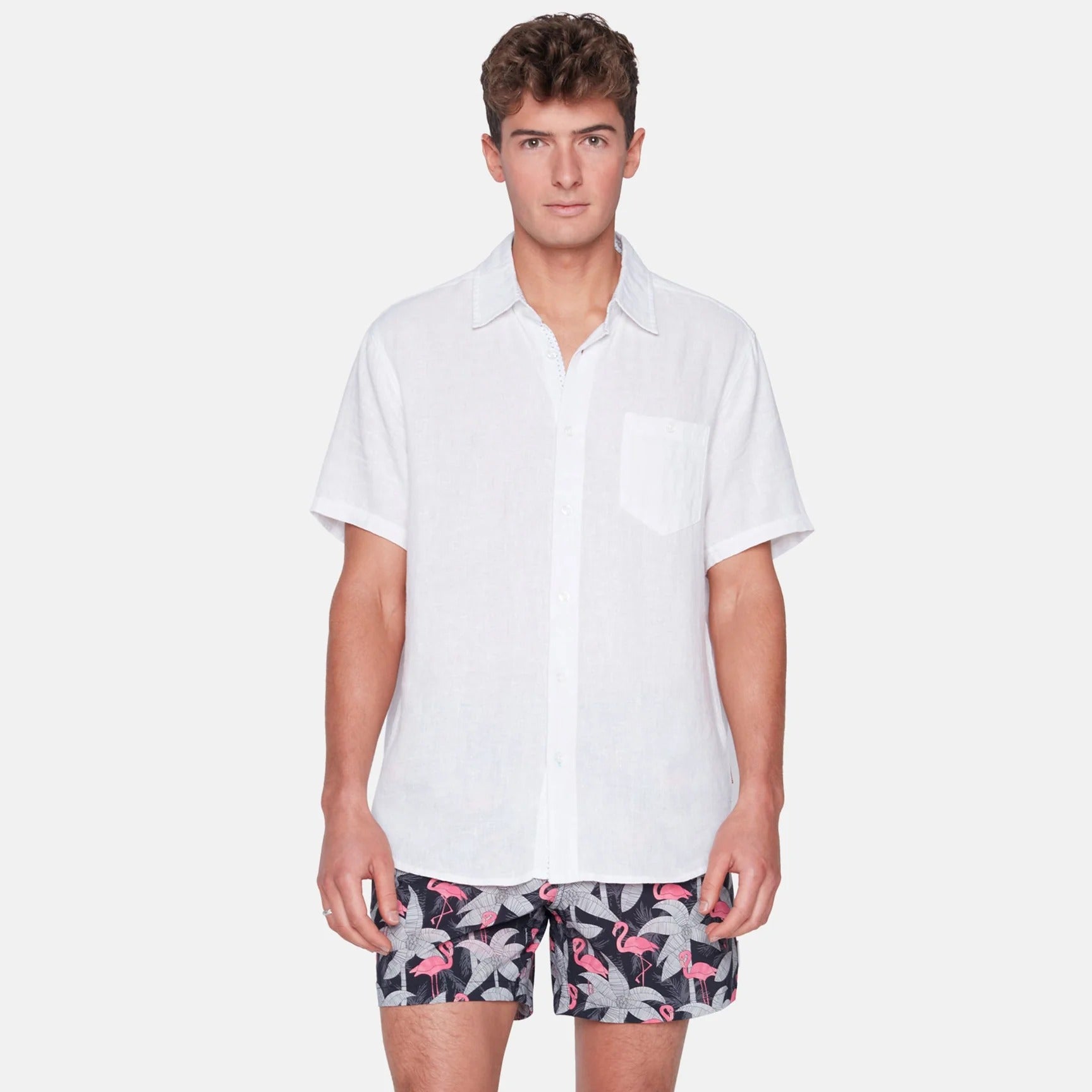 Wholesale,Public Beach, Public Beach White Linen Blend Short Sleeve Shirt with Contrasting Inner Placket, White, Large-46-TagLExtra Large-50-TagXLMedium-44-TagMExtra Extra Large-52-TagXXLSmall-42-TagS