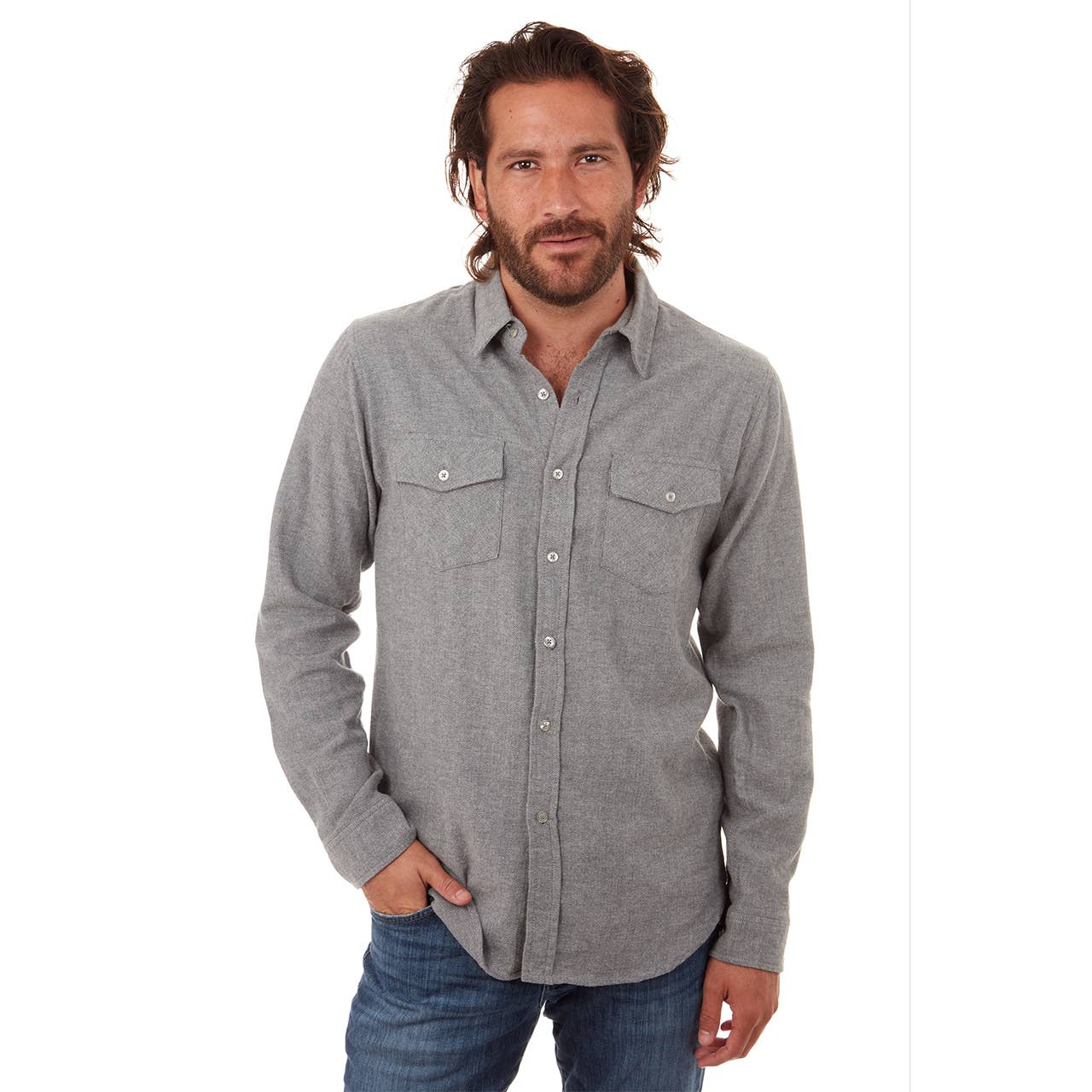 Faire,PX, PX Grey Flannel Herringbone Long Sleeve Button Up Shirt, Grey, Large-45-TagL