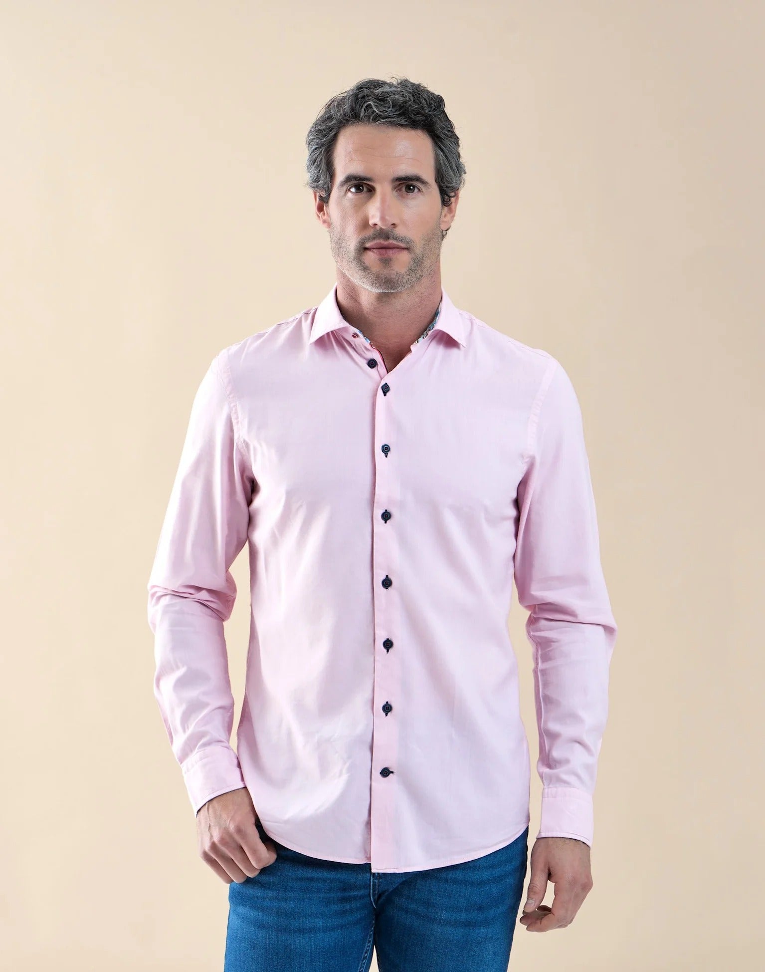 Brand Partner,R2 Amsterdam, R2 Amsterdam Light Pink Cotton/Viscose Long Sleeve Shirt with Contrast Car Print, Pink, Medium-42-Tag39Medium-44-Tag41