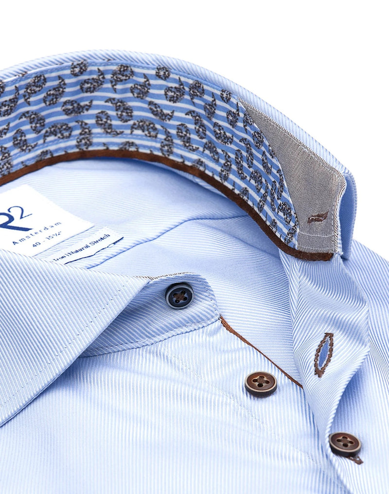 R2 Amsterdam Light Blue Twill Long Sleeve Button Up Shirt with Paisley Print Contrast