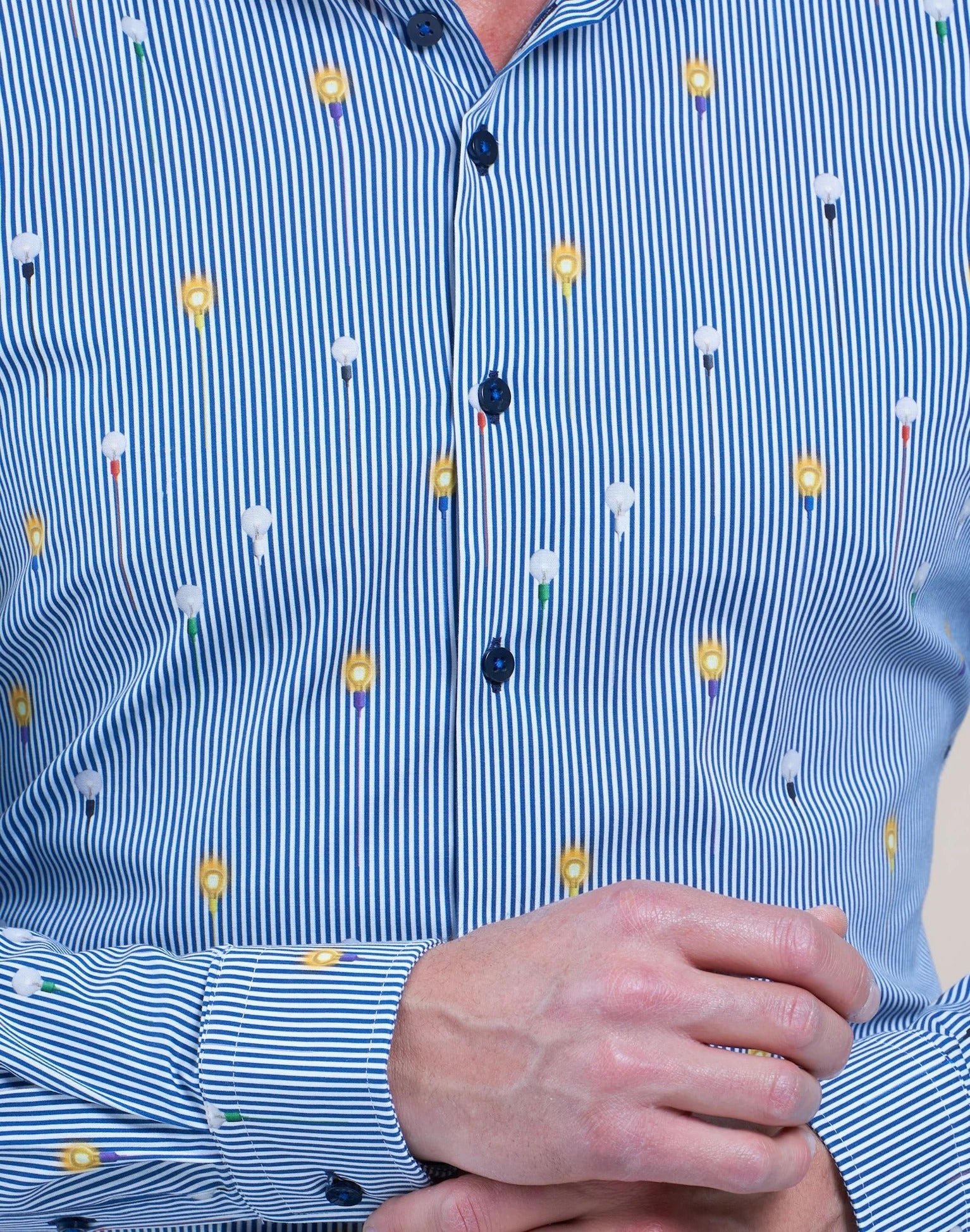 Brand Partner,R2 Amsterdam, R2 Amsterdam Dark Blue/White Striped Bulb Print Long Sleeve Button Up Shirt, Blue, Small-41-Tag39