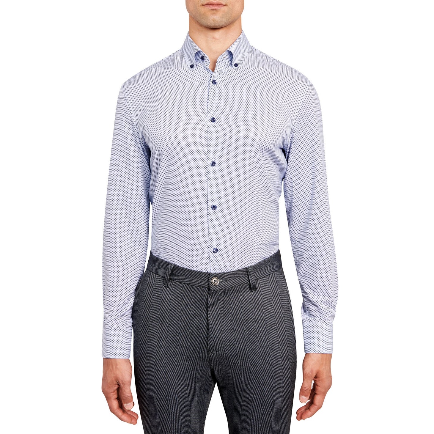 Faire,Brooklyn Brigade, Brooklyn Brigade White With Dark Blue Mini Dot Print 4-Way Stretch Button Up Shirt, Blue, Extra Large-49-TagXL