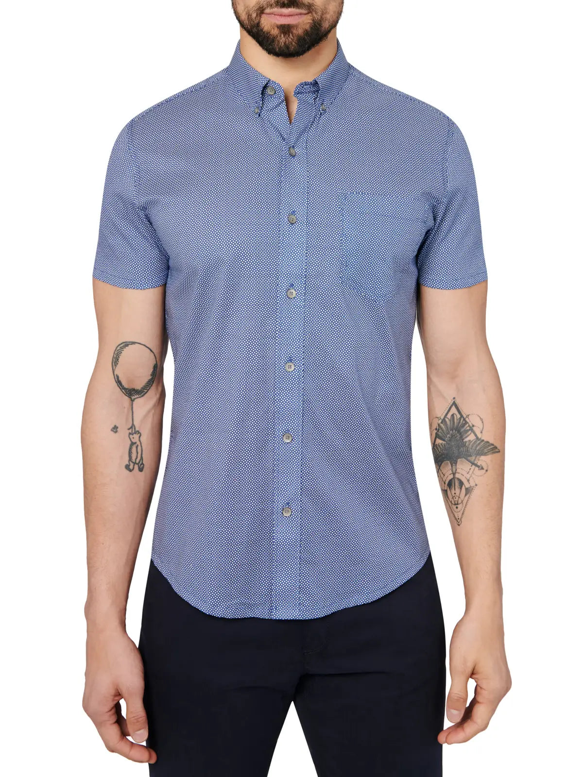 W.R.K., W.R.K Reworked Navy Diamond Dot Print Short Sleeve Shirt, Blue, Large-42-TagL