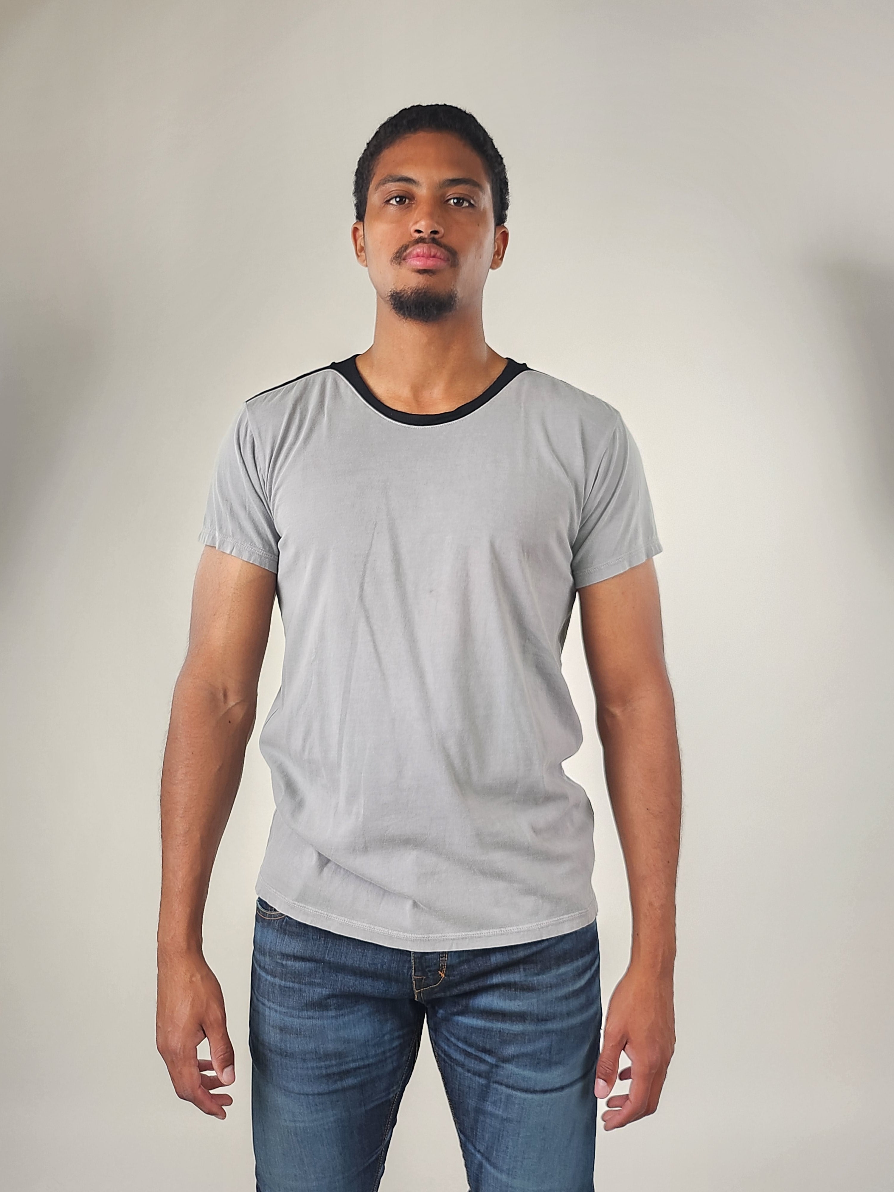 Wholesale,Reesedeluca, Reese De Luca Gray Green Short Sleeve T-Shirt with Black Rib Contrast, Grey, Medium-41-TagM