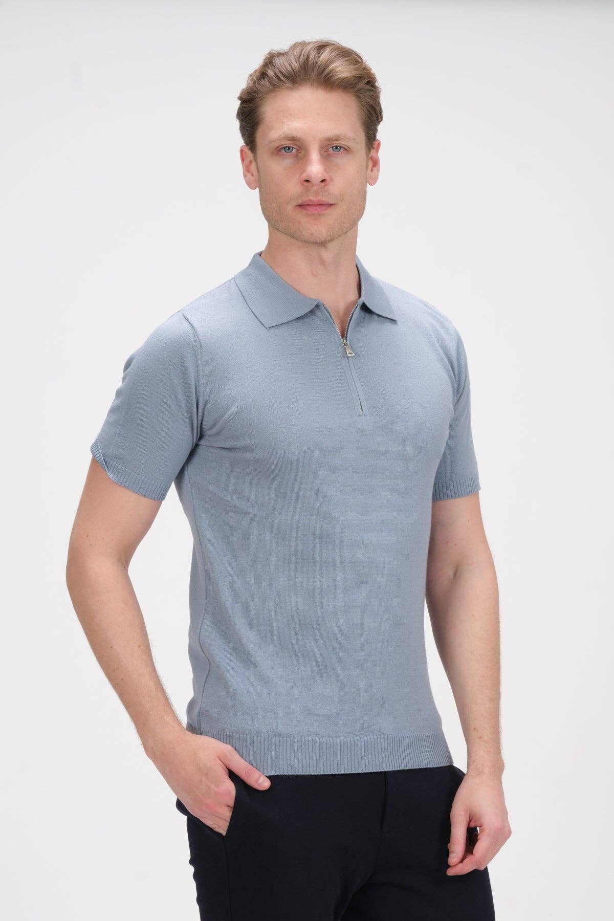Faire,Ron Tomson, RNT 23 Light Blue Blue Zip Collar Short Sleeve Knit Polo, Blue, Medium-41-TagM
