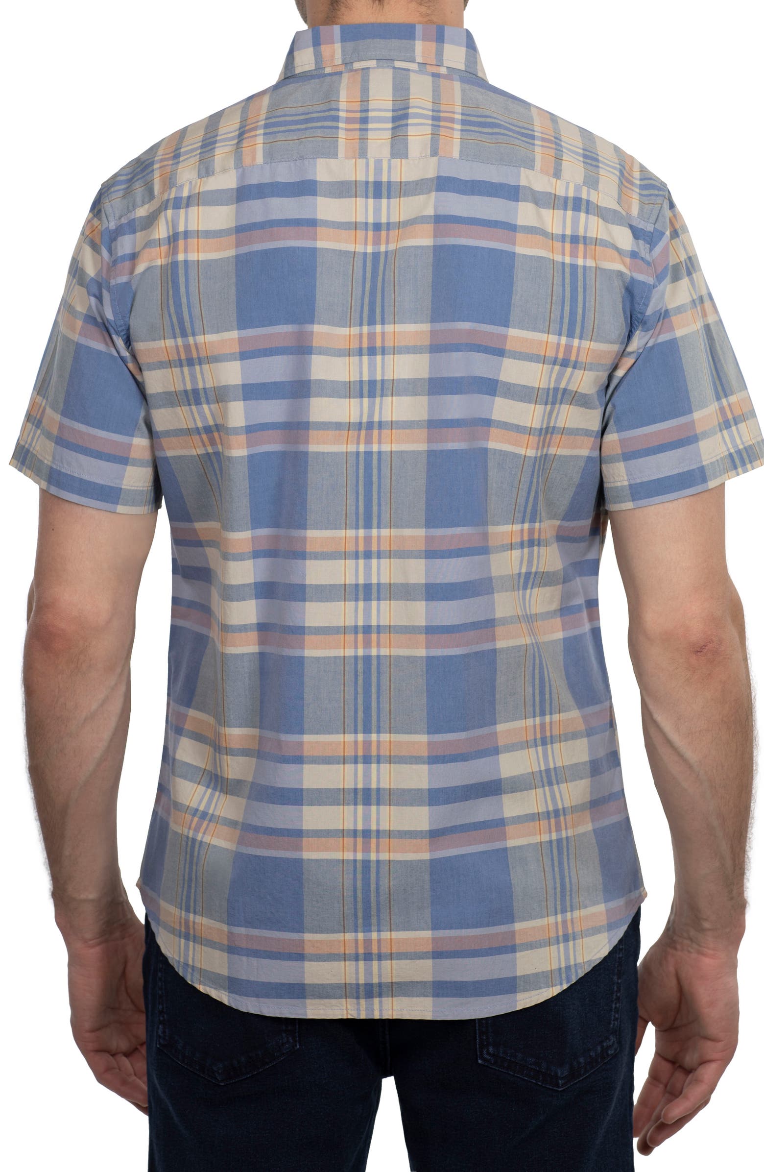 Nordstorm Rack,Slate & Stone, Slate & Stone Faded Blue & Yellow Plaid Print Short Sleeve Button Up Shirt, Blue, Small-41-TagS