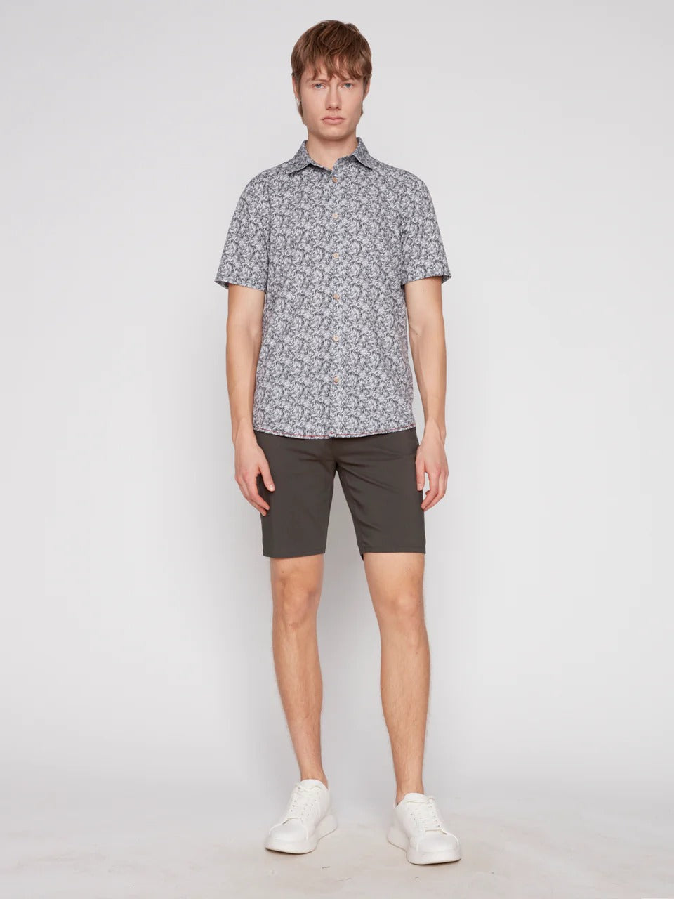 Wholesale,Projek Raw, Projek Raw Grey/Black Foliage Print Short Sleeve 4 Way Stretch Shirt, Grey, Small-42-TagSLarge-46-TagLExtra Large-50-TagXLExtra Extra Large-52-TagXXLMedium-44-TagM