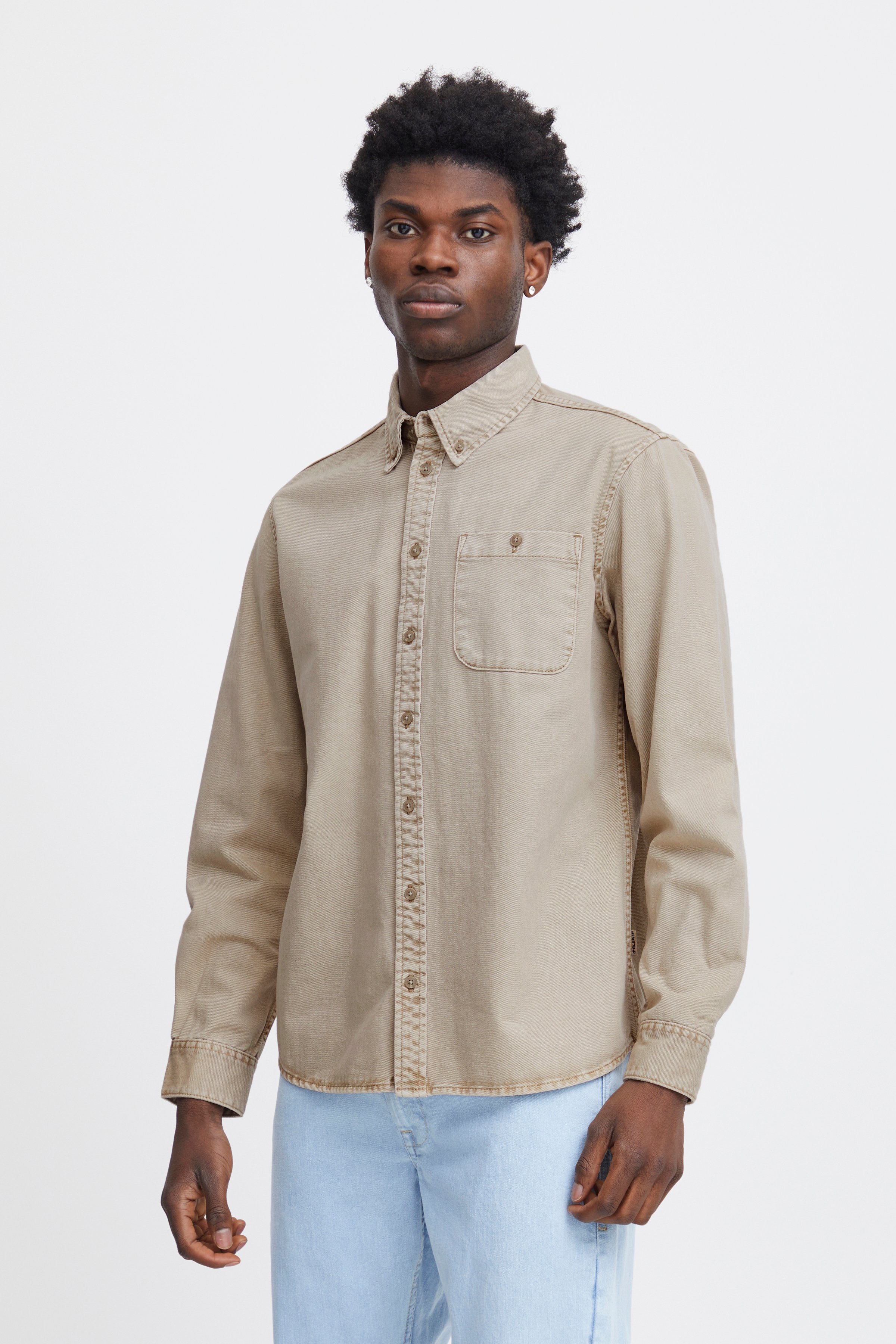 Wholesale,Blend, Blend Tan Denim Long Sleeve Shirt, Tan, Medium-43-TagM