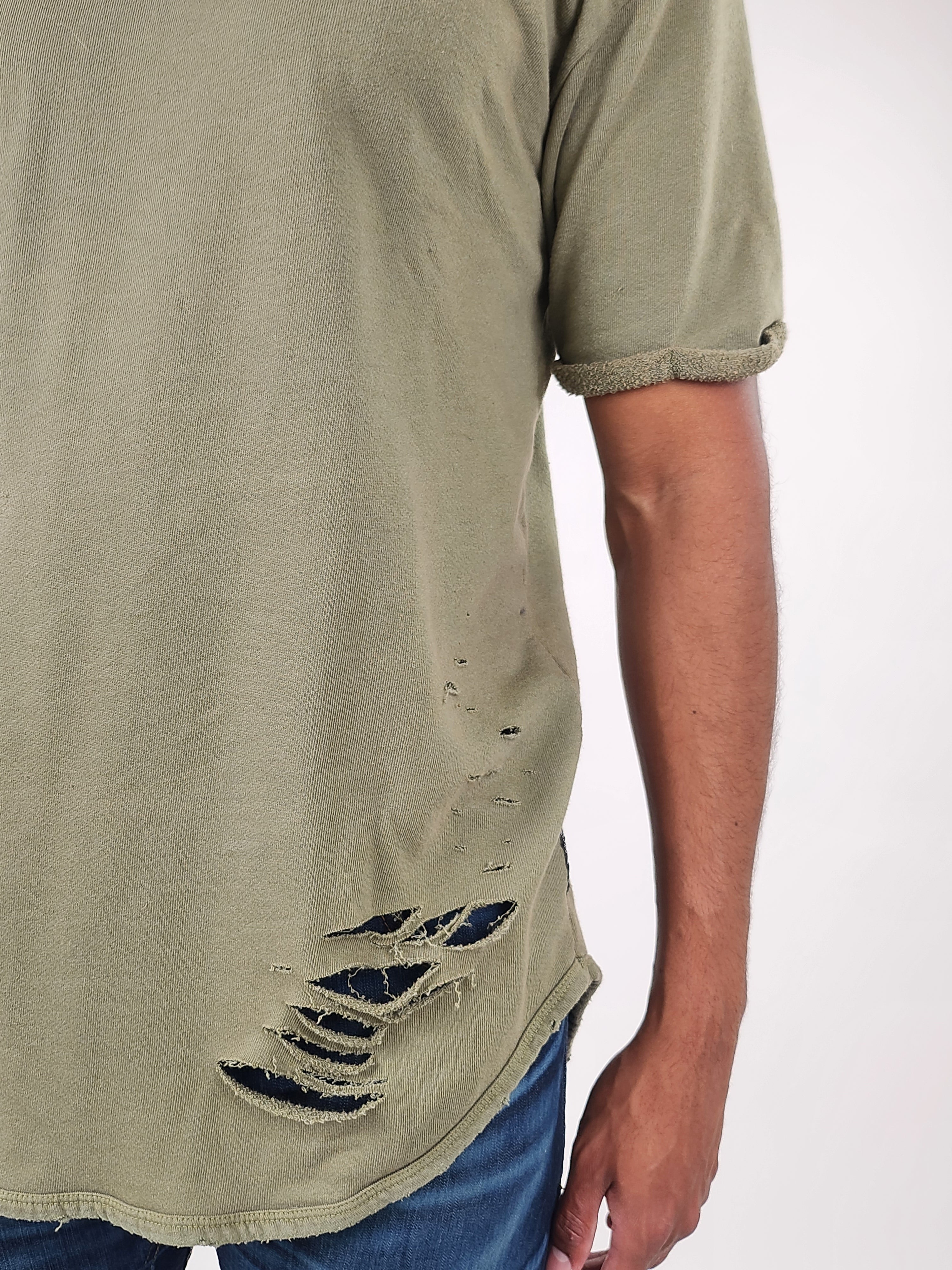 Wholesale,Reesedeluca, Reese De Luca Olive Green Short Sleeve Ripped T-Shirt, Green, Medium-43-TagM