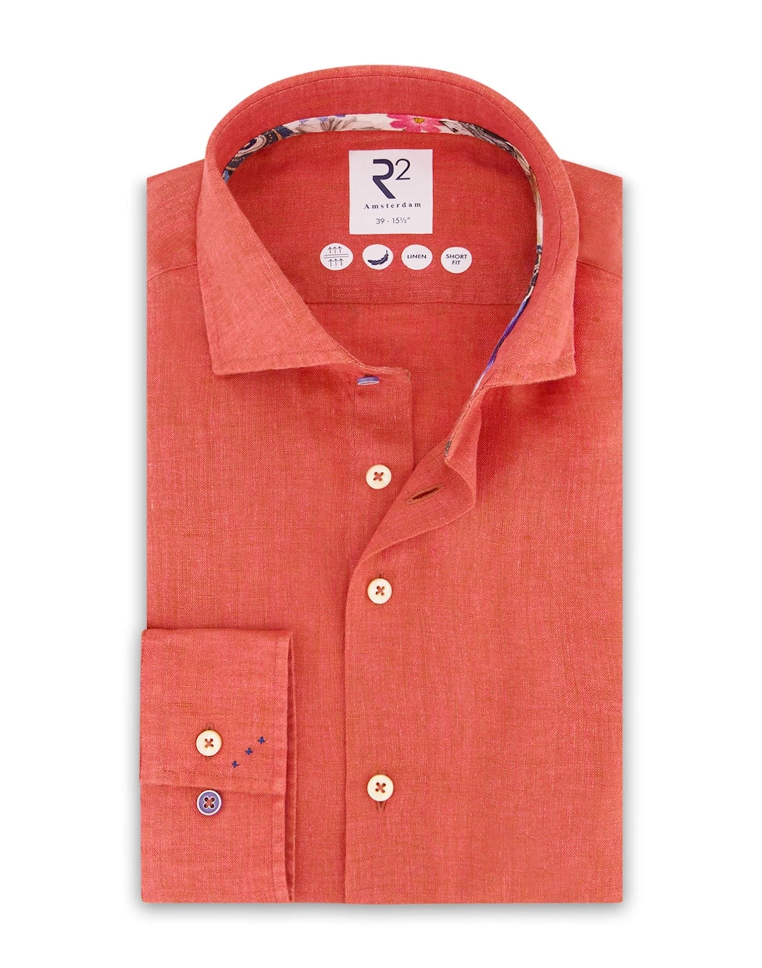 Brand Partner,R2 Amsterdam, R2 Amsterdam Orange Linen Long Sleeve Shirt Contrast print with Classic Buggy Paisley, Orange, Large-46-Tag42