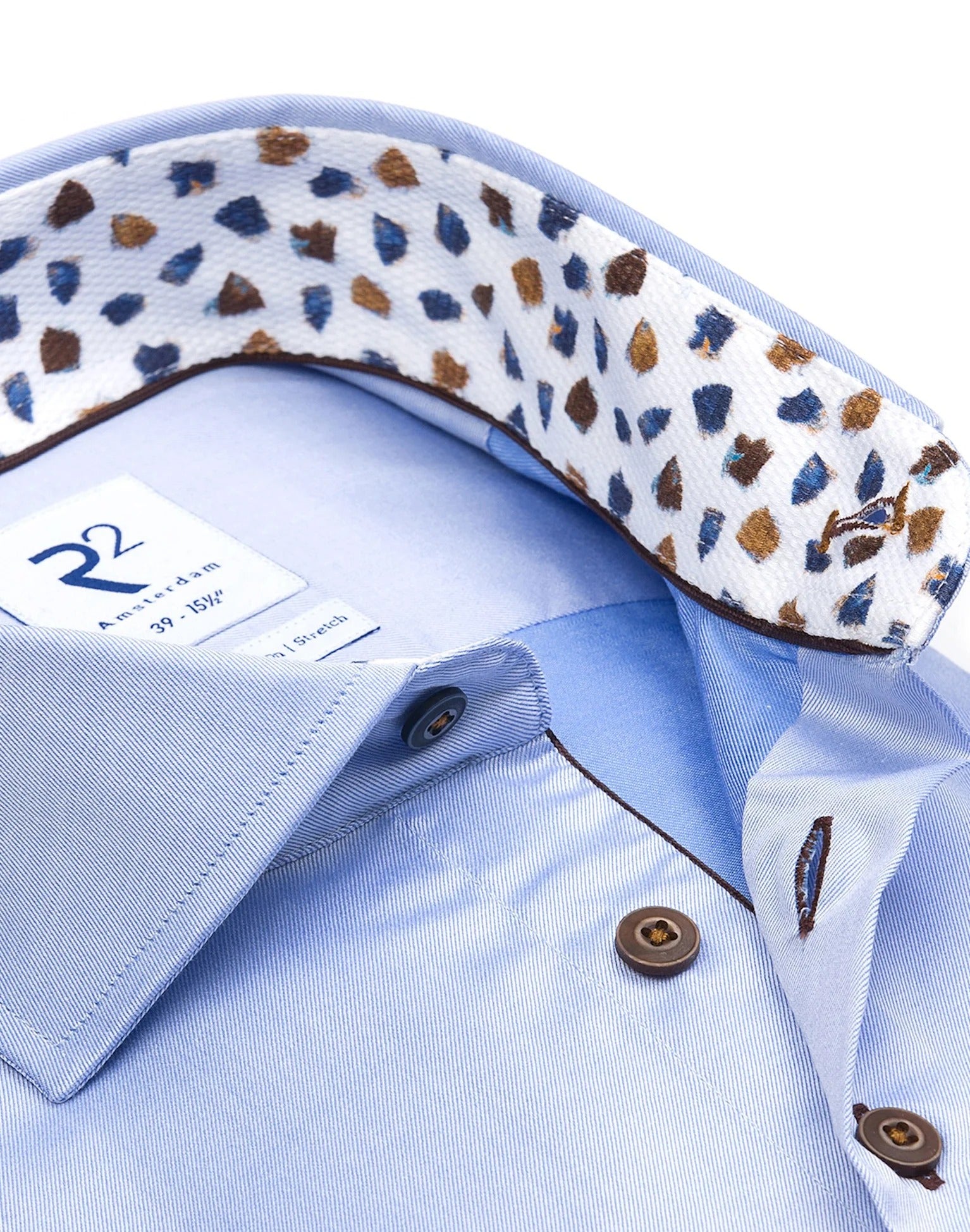 Brand Partner,R2 Amsterdam, R2 Amsterdam Light Blue 2 PLY Long Sleeve Button Up Shirt with Blue and Beige Print Contrast, Blue, Small-40-Tag38Extra Large-50-Tag44Extra Large-48-Tag43