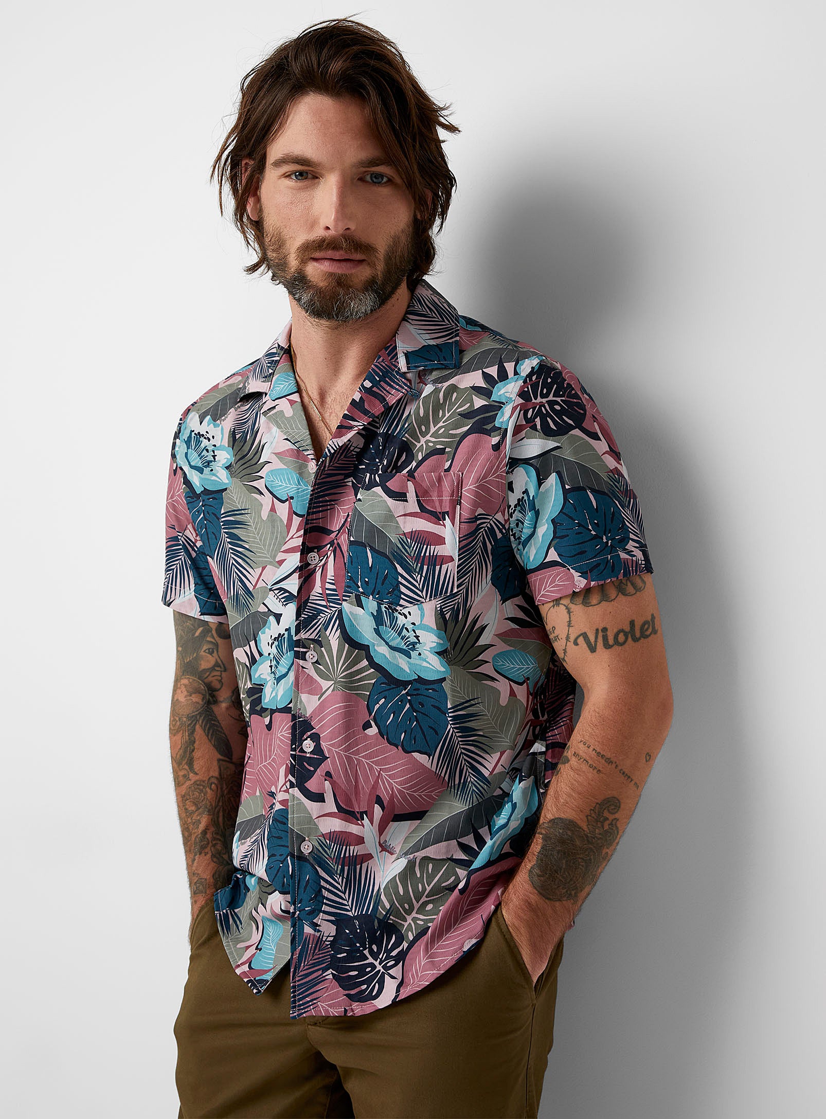 Wholesale,Public Beach, Public Beach Pink/Green Tropical Print Maui 2.0 4-Way Stretch Short Sleeve Shirt, Pink, Large-46-TagL