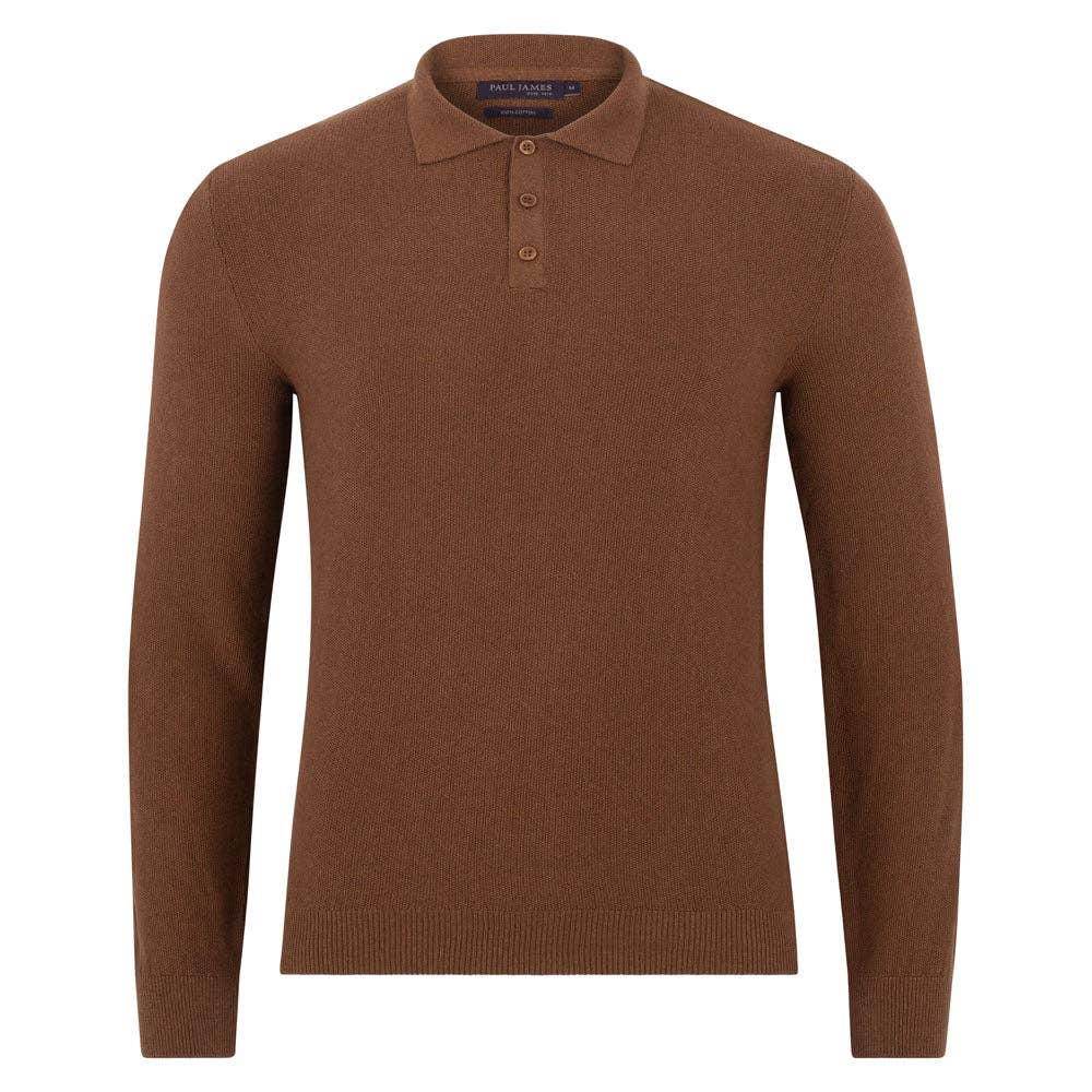 Faire,Paul James, Paul James Brown Pique Knit Button Up Longsleeve Polo, Brown, Medium-41-TagM