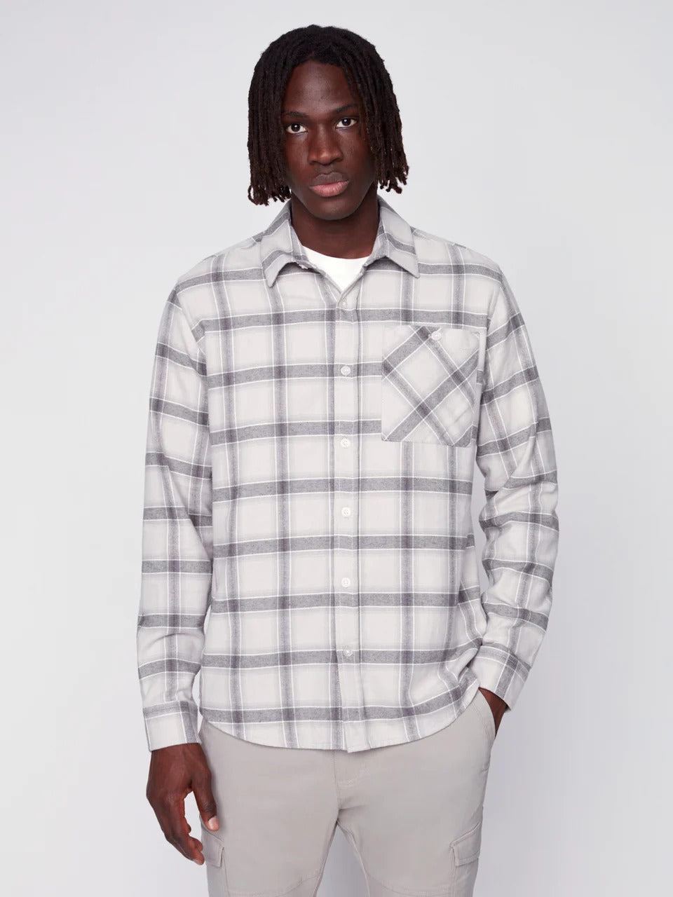 Wholesale,Projek Raw, Projek Raw Stone Brushed Flannel Plaid Long Sleeve Plaid Shirt, Grey, Small-41-TagS