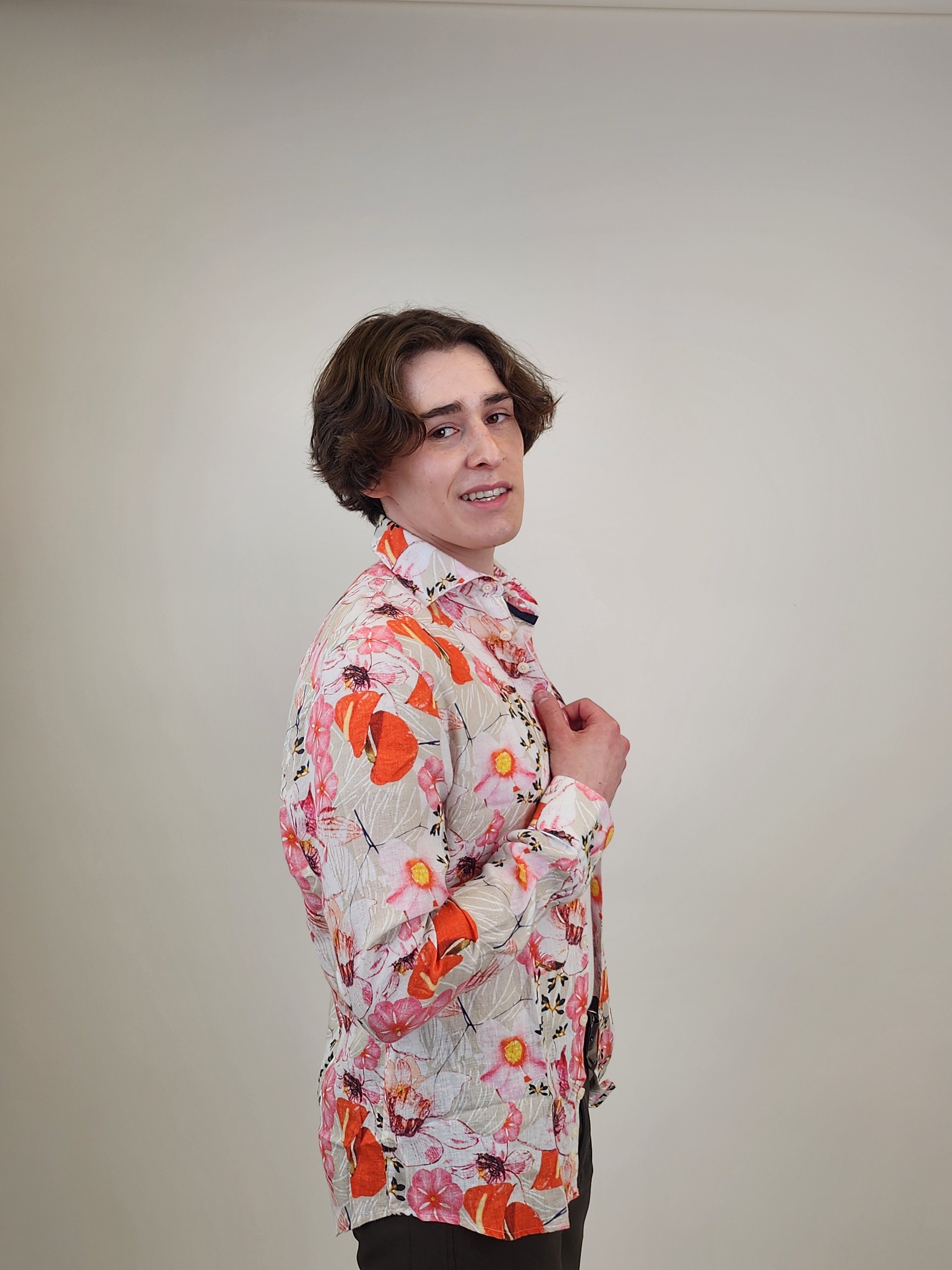 Brand Partner,R2 Amsterdam, R2 Amsterdam Vivid Orange Tropical Print Linen Shirt, Orange, Large-46-TagL