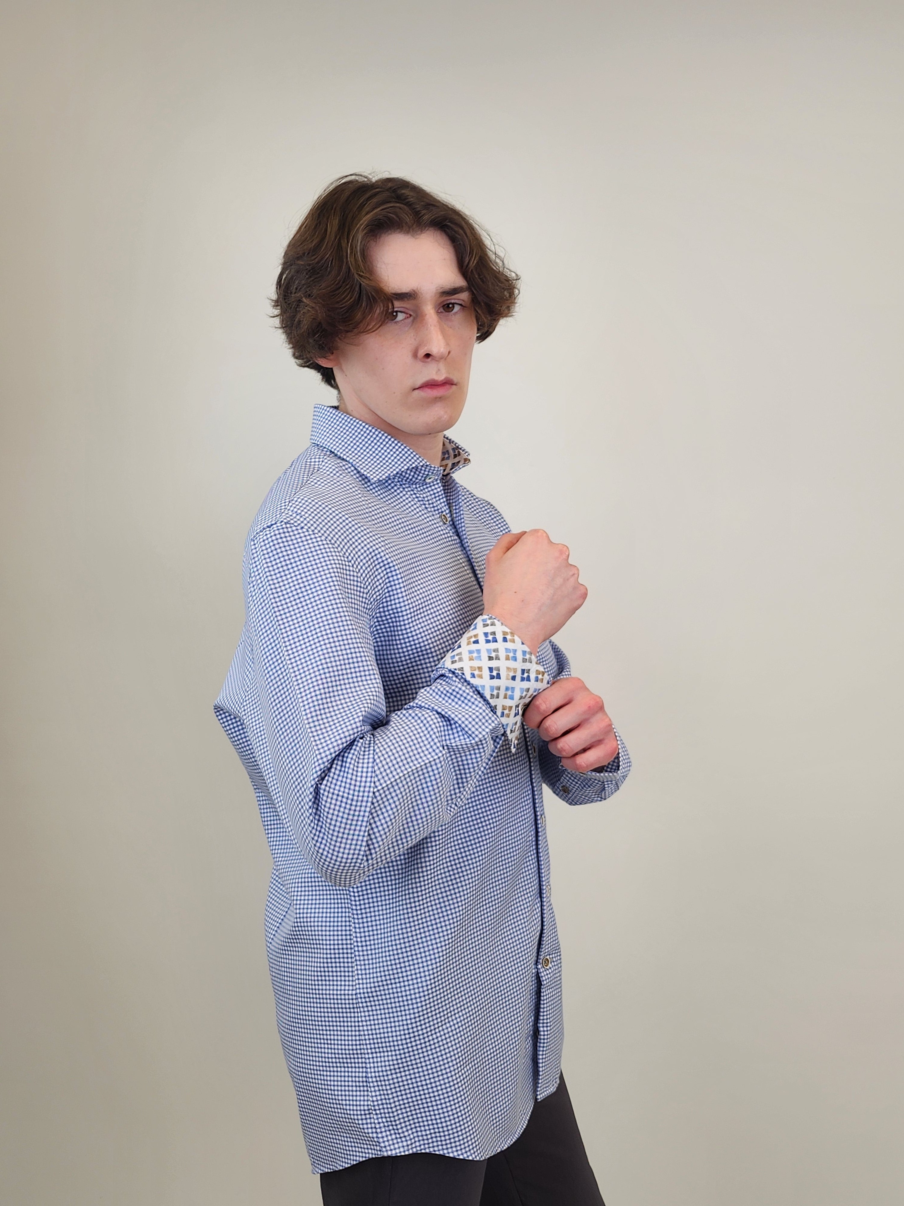 Brand Partner,R2 Amsterdam, R2 Amsterdam Blue Check Shirt with Cup Print Contrast, Blue, Large-46-Tag42