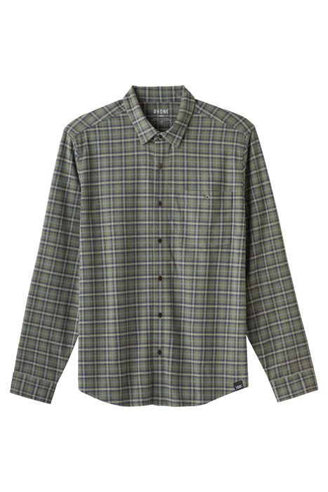 Otrium,Faherty, Rhone Olive/Navy Plaid Knit Flannel Button Up Shirt, Green, Large-46-TagL