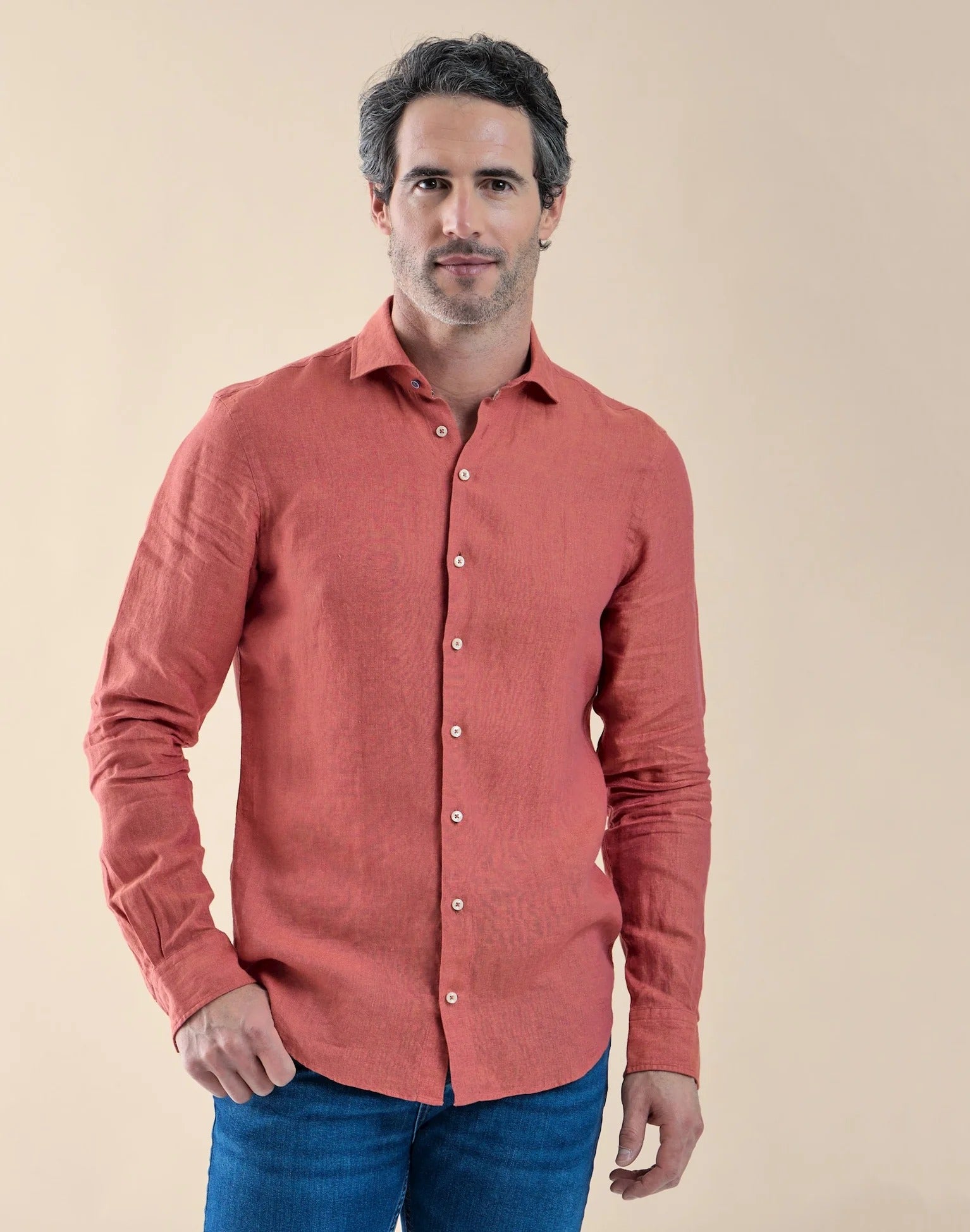 Brand Partner,R2 Amsterdam, R2 Amsterdam Orange Linen Long Sleeve Shirt Contrast print with Classic Buggy Paisley, Orange, Extra Extra Large-52-Tag45Large-46-Tag42