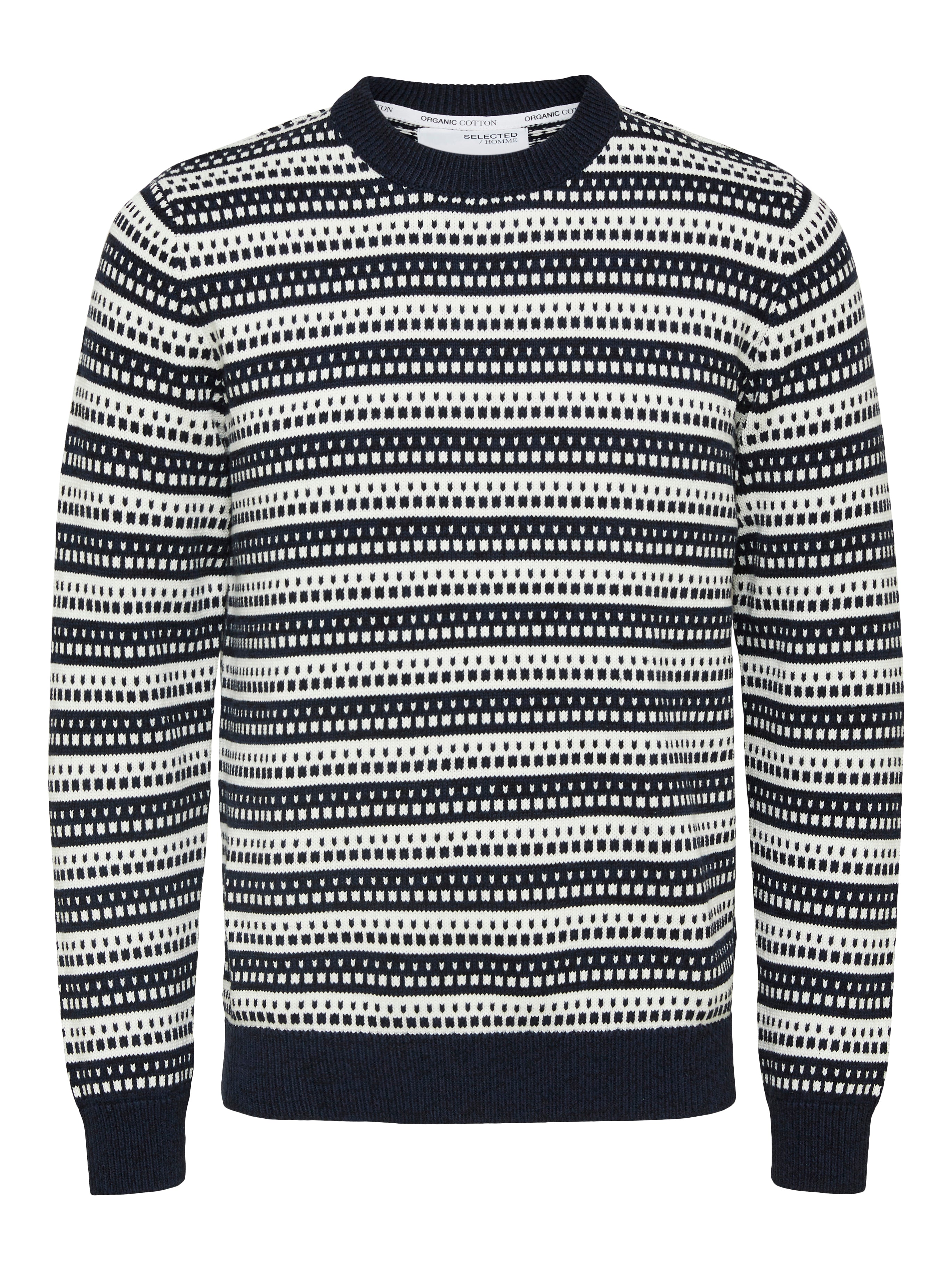 Wholesale,Selected Homme, Selected Homme Navy & White Geometric Stripe Print Crewneck Sweater, White, Medium-42-TagL