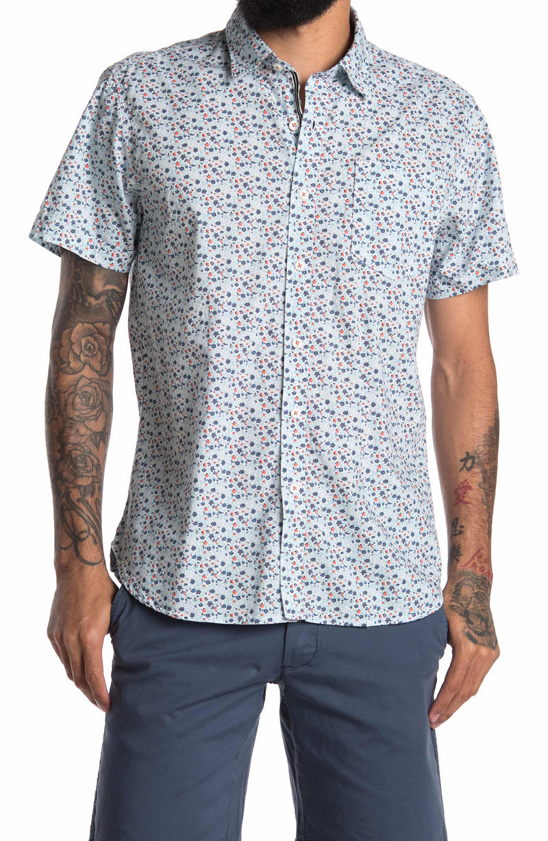 Thread and Cloth Blue Floral Short Sleeve Button Up Shirt