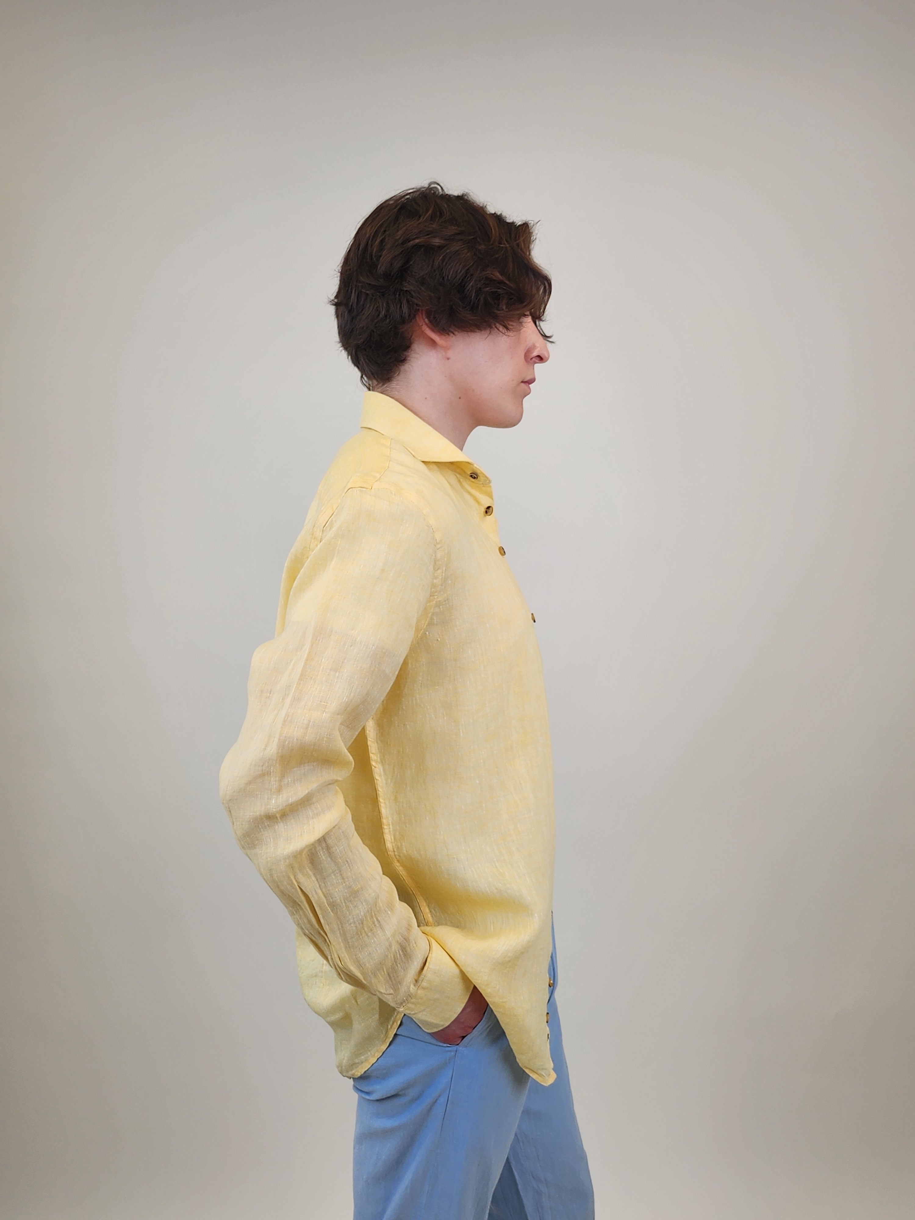 Brand Partner,R2 Amsterdam, R2 Amsterdam Yellow Linen Long Sleeve Shirt, Yellow, Medium-42-Tag39