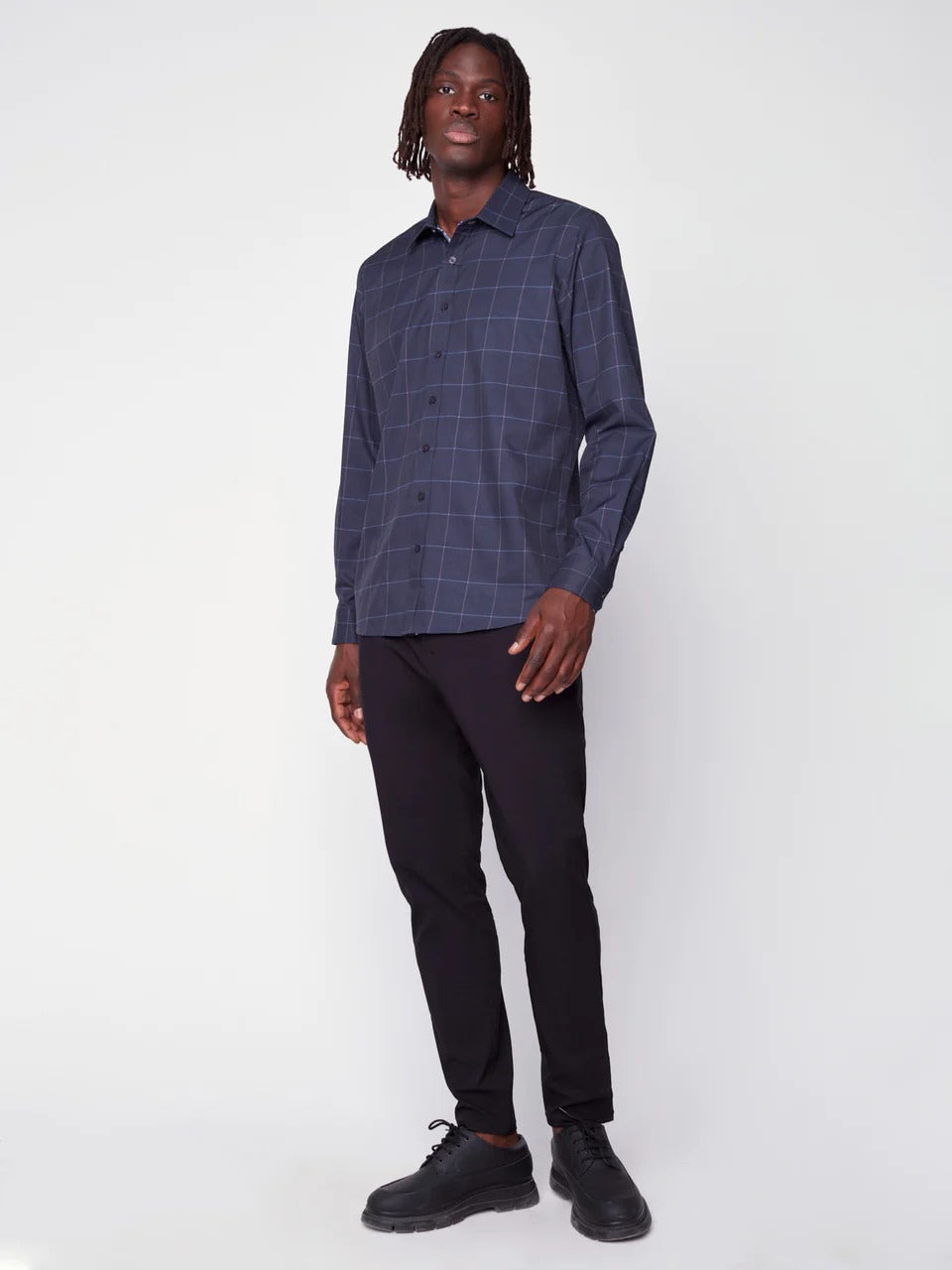 Wholesale,Projek Raw, Projek Raw Navy Plaid Long Sleeve Stretch Shirt, Blue, Large-45-TagL