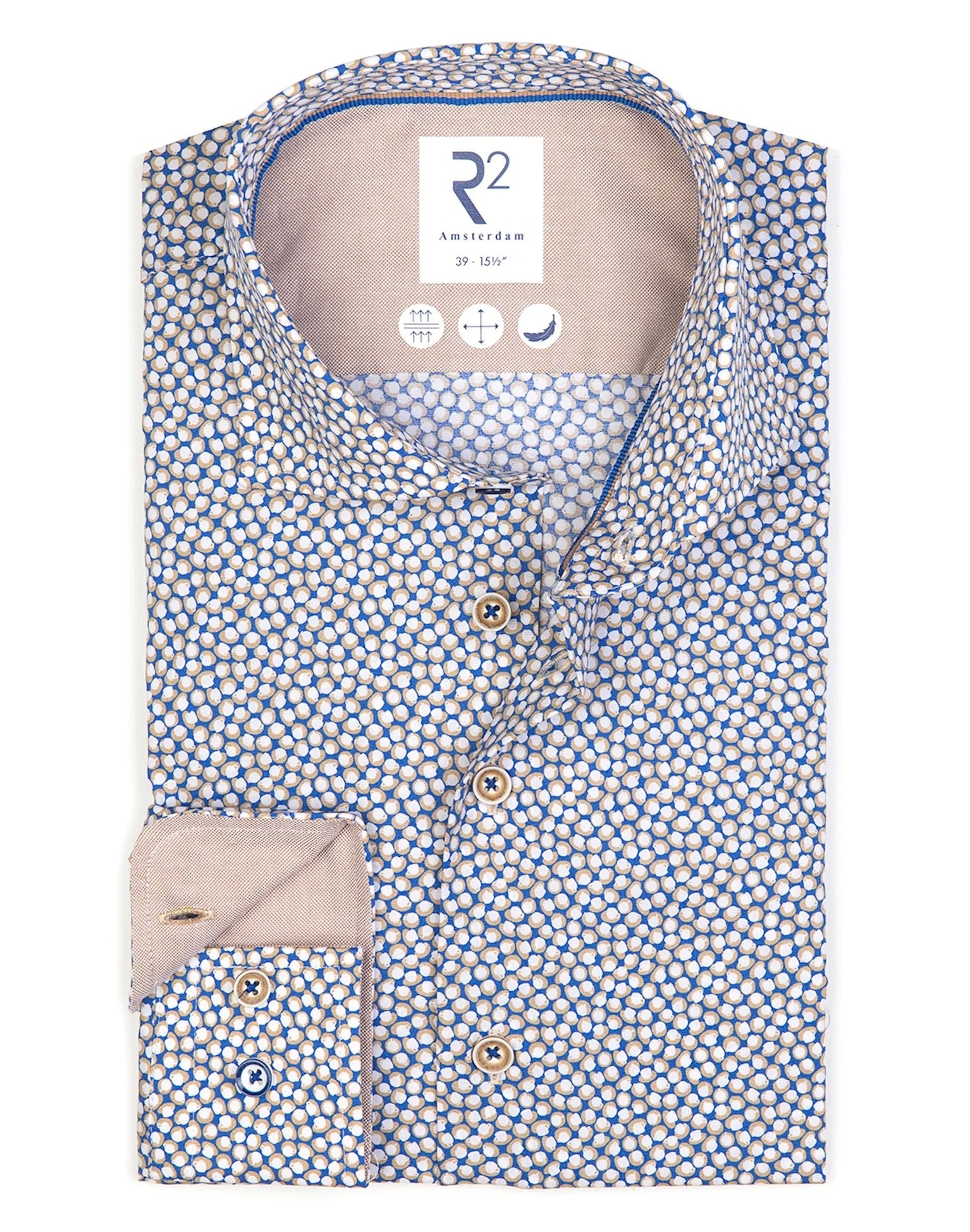 Brand Partner,R2 Amsterdam, R2 Amsterdam Blue Coffee Cup Print Long Sleeve Button Up Shirt, Blue, Medium-45-Tag42